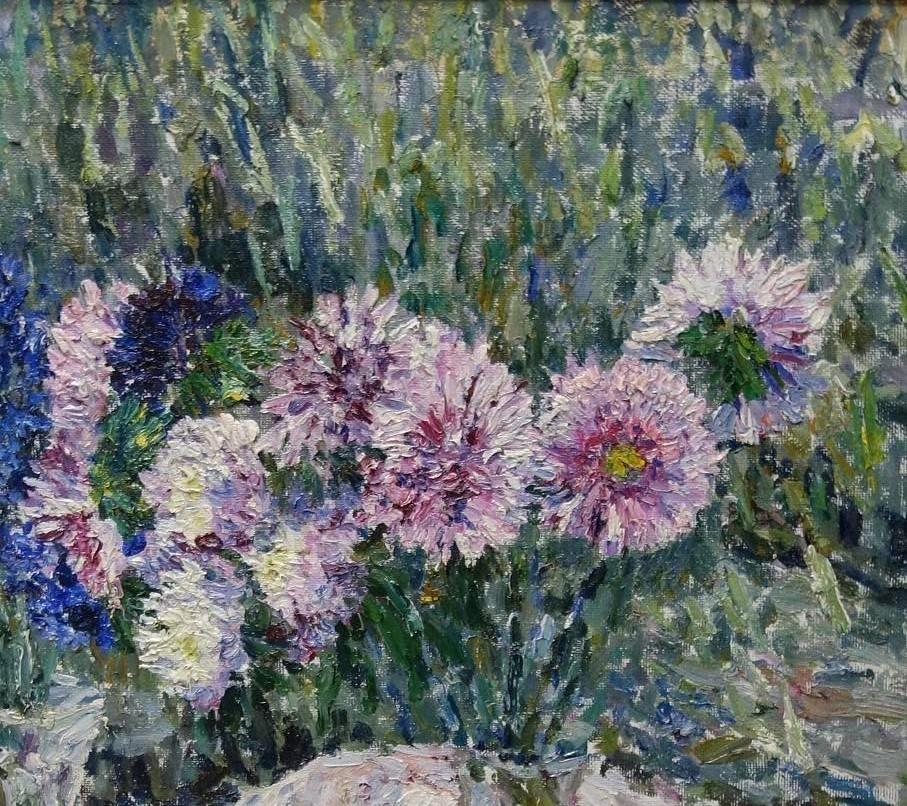 Flowers on the table, Blue, Blue, Pink, 20th, cm. 100 x 90  - Painting by Georgij Moroz