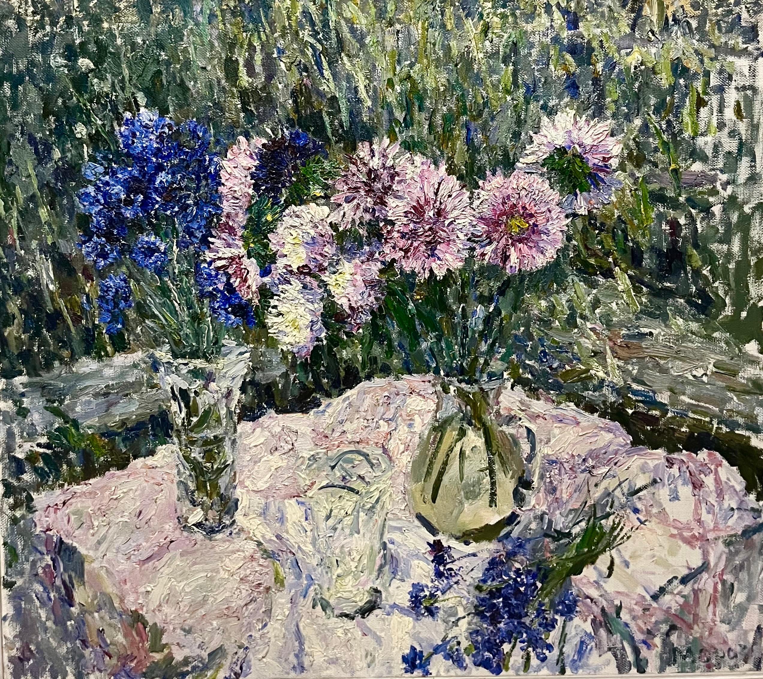 Blumen auf dem Tisch, Blau, Rosa, 20,cm. 100 x 90 