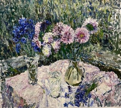 Flowers on the table, Blue, Blue, Pink, 20th, cm. 100 x 90 