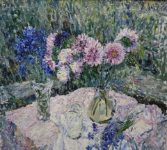 Flowers on the table, Blue,Blue,Pink,20th,cm. 100 x 90 