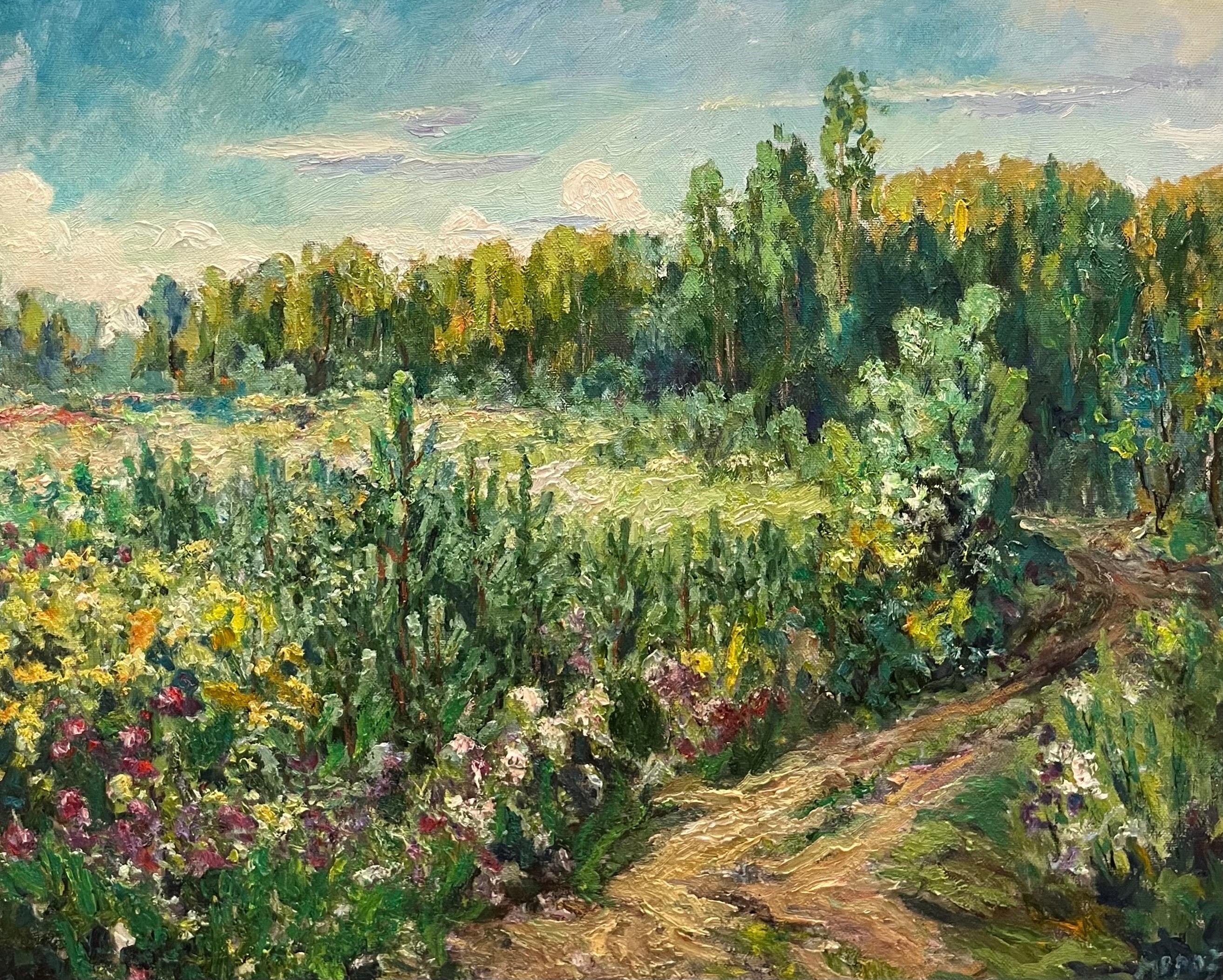 Georgij Moroz Figurative Painting - "Flowery meadow"   Garden, Flowers Oil cm. 81 x 71 
