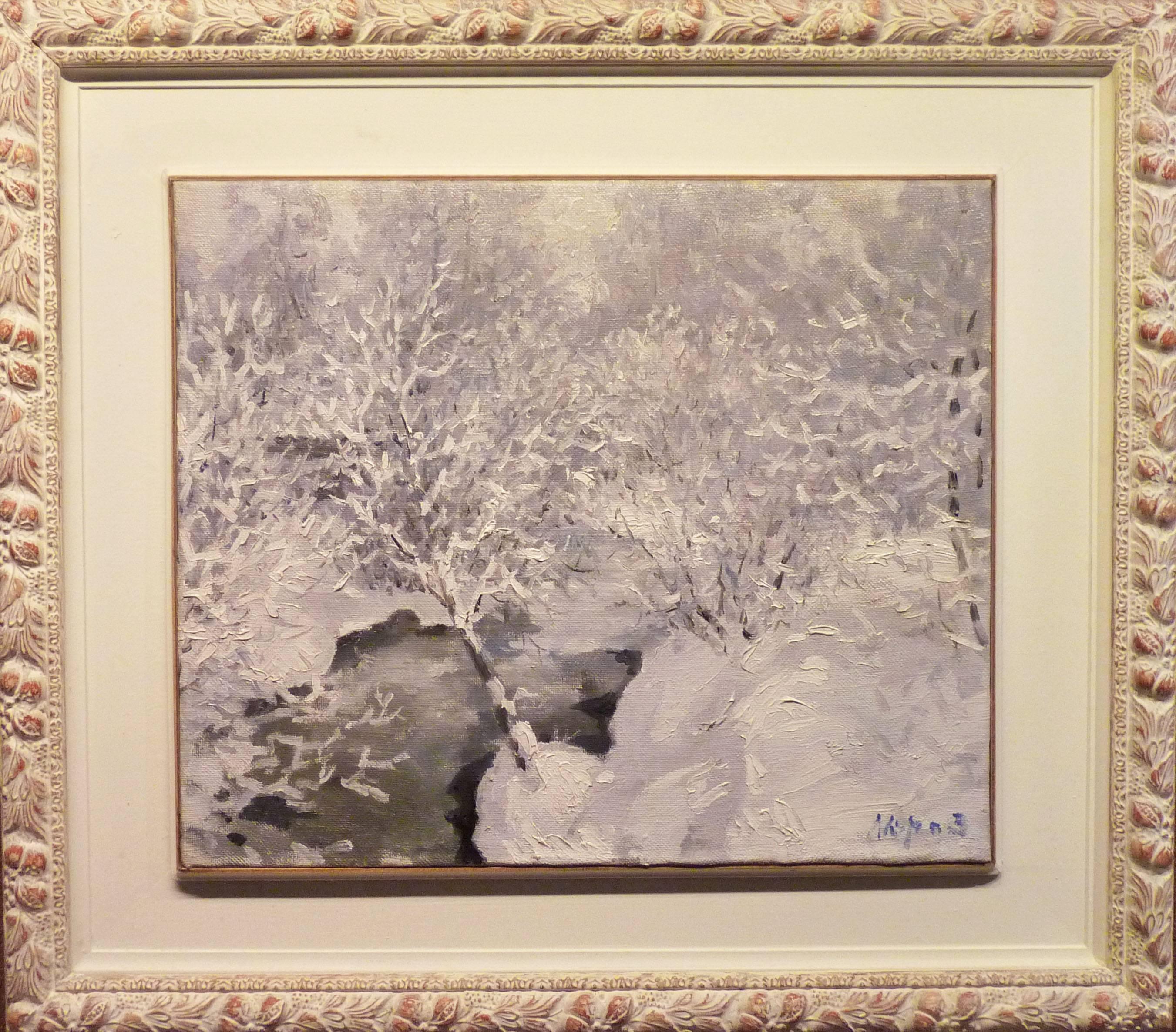 « Frost in the forest » ( Frost dans la forêt)   Pétrole  cm. 58 x 49 1997, blanc, gris - Painting de Georgij Moroz