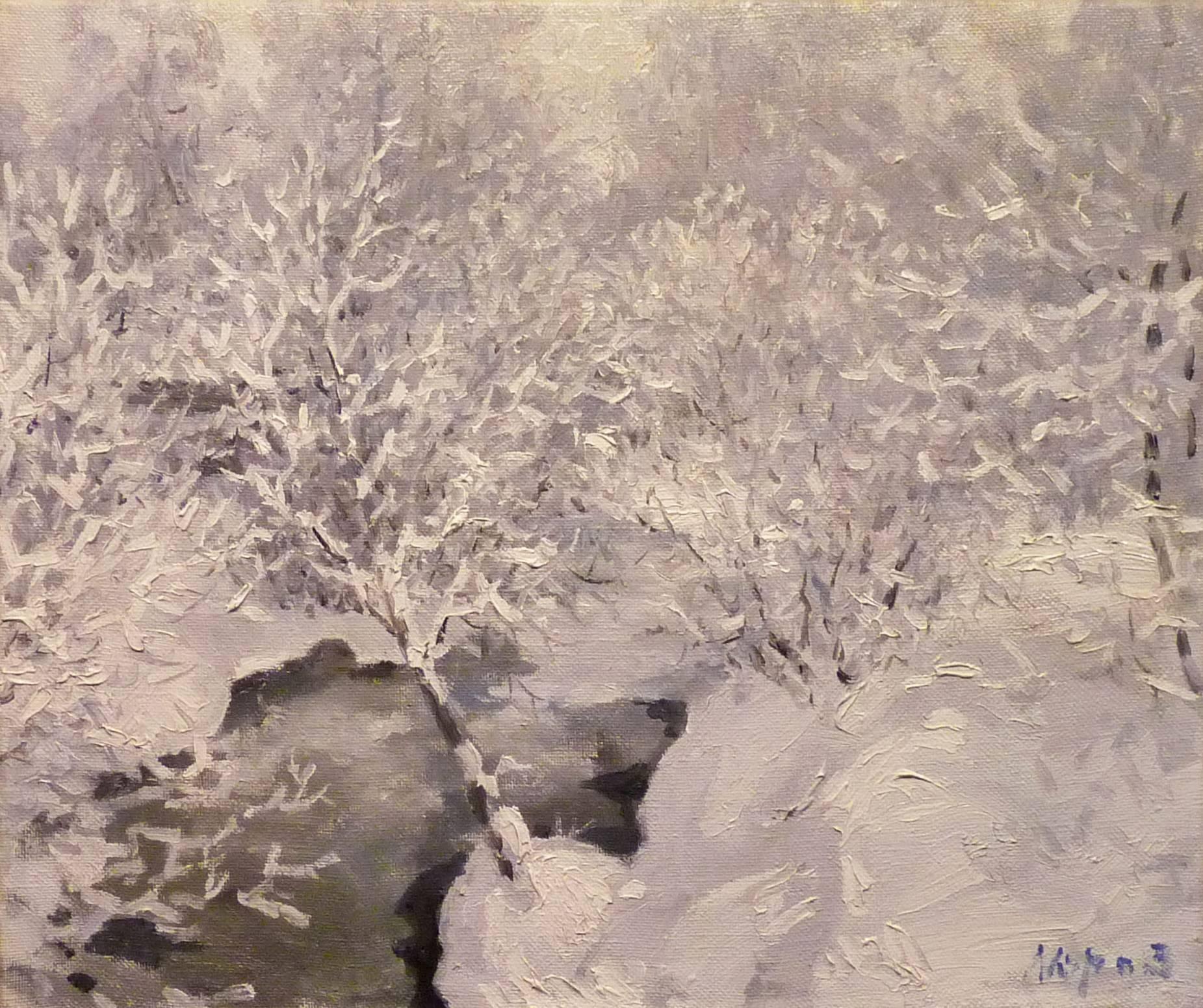 Georgij Moroz Landscape Painting – ""Schrost im Wald"   Öl  cm. 58 x 49 1997 weiß ,grau