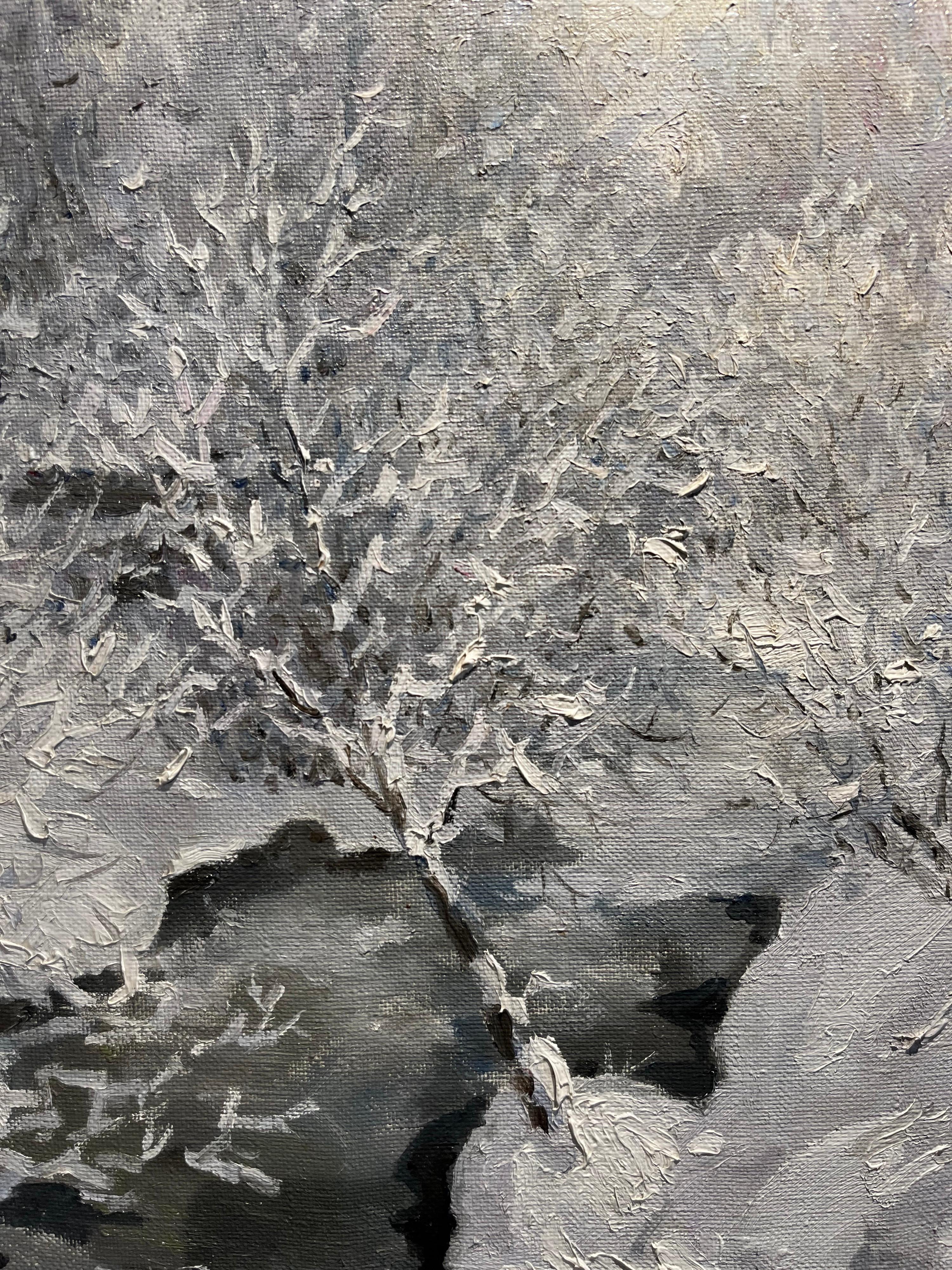 « Frost in the forest » ( Frost dans la forêt)   Pétrole  cm. 58 x 49 1997, blanc, gris - Marron Landscape Painting par Georgij Moroz