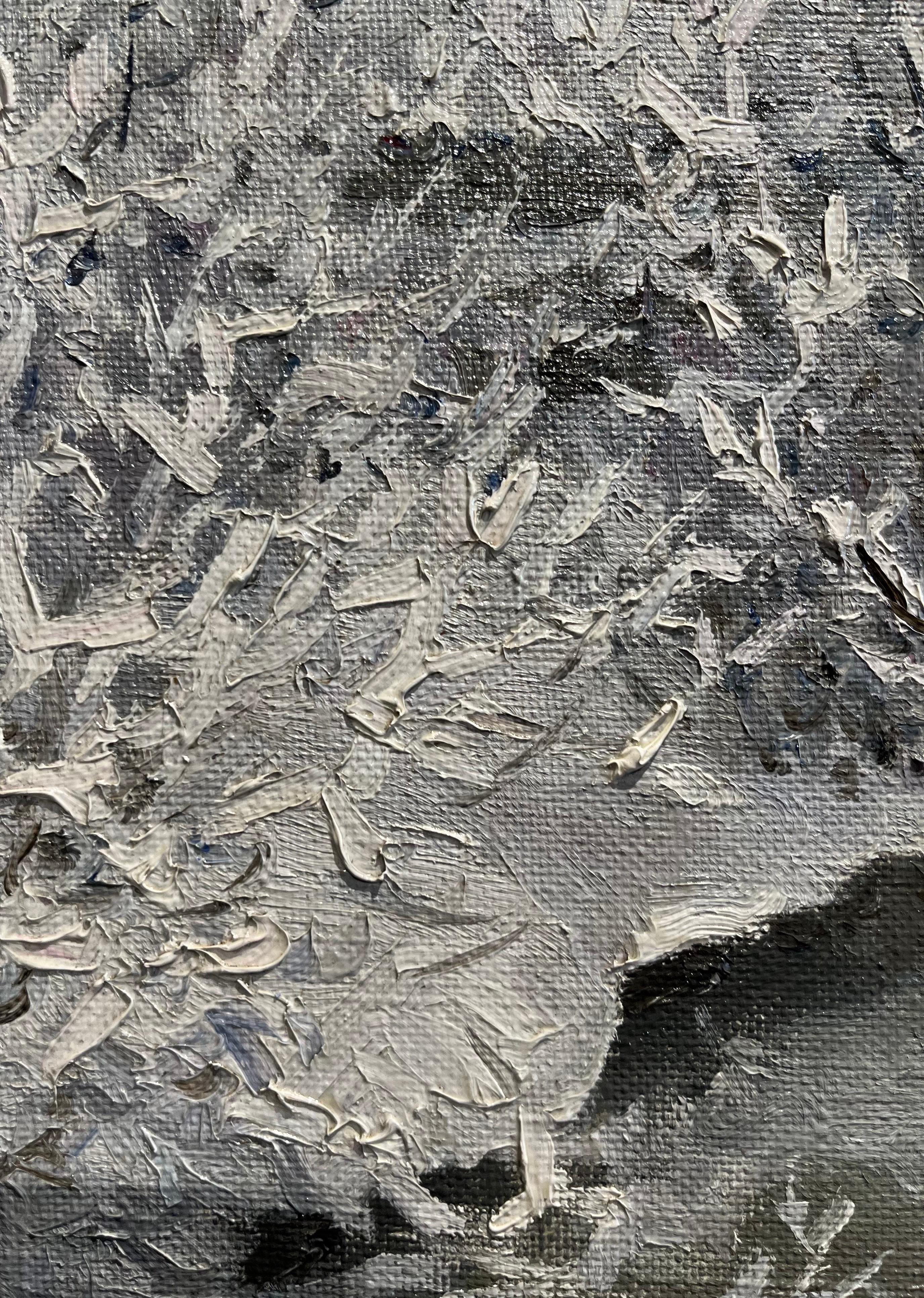 « Frost in the forest » ( Frost dans la forêt)   Pétrole  cm. 58 x 49 1997, blanc, gris en vente 1