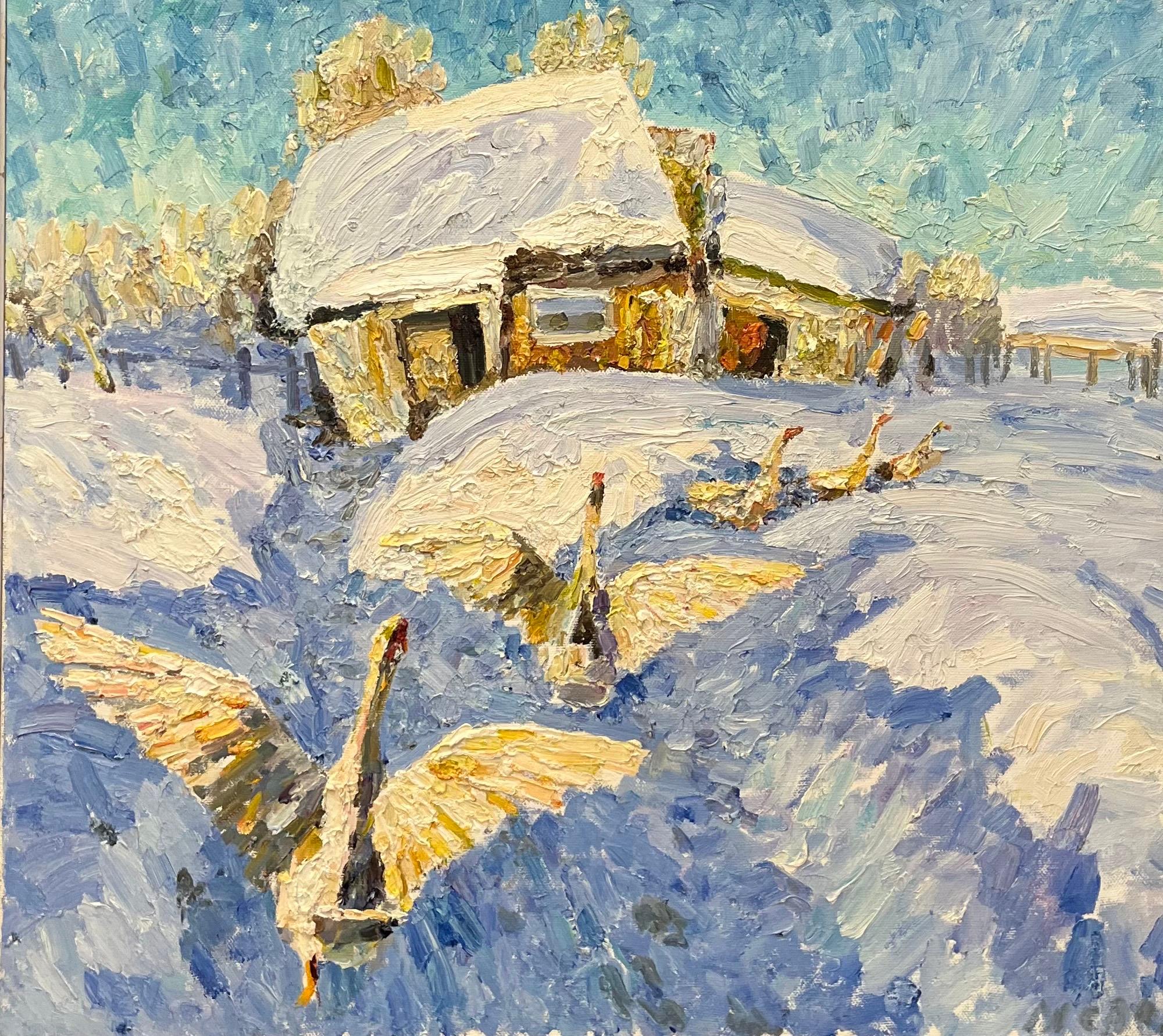 Georgij Moroz Landscape Painting - "Geese in the snow" oil cm. 100 x 80 