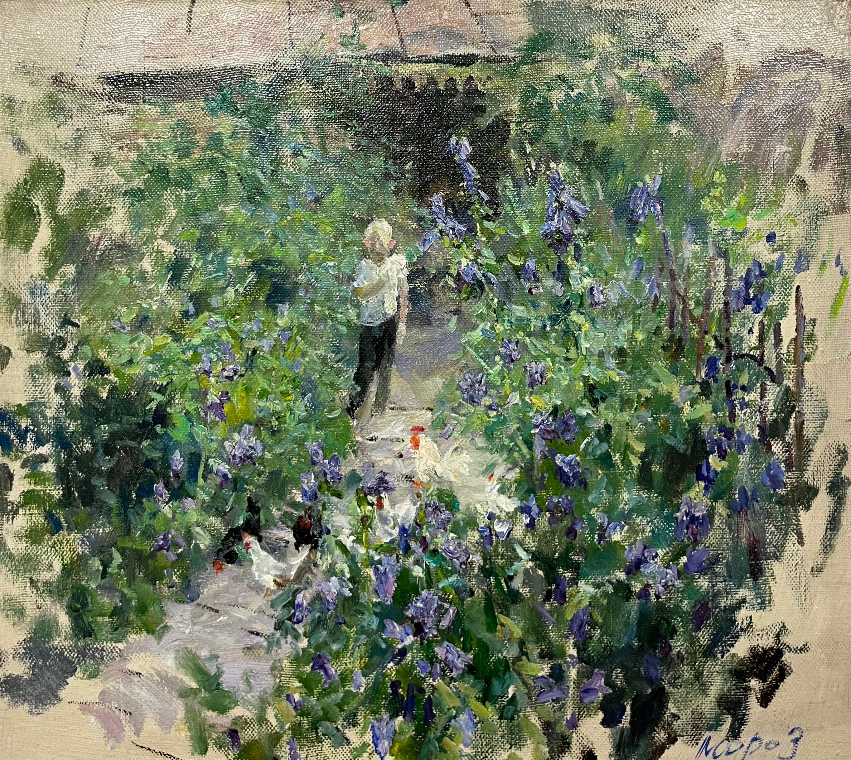 Figurative Painting Georgij Moroz - Dans le jardin Olio cm 66 x 60