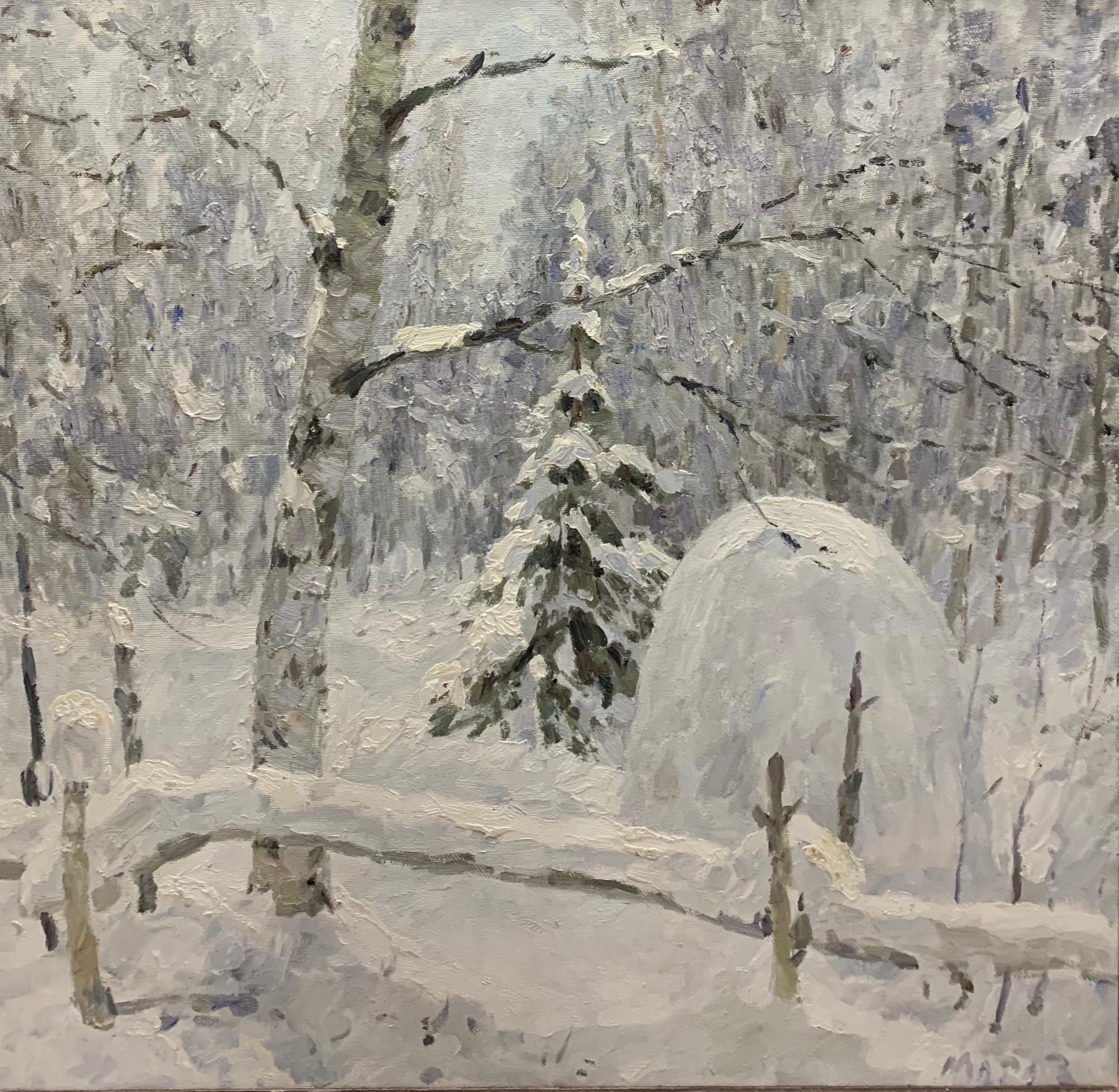 Landscape Painting Georgij Moroz - « Just snowed », blanc, neige, forêt, hiver, huile cm.100 x 99  Expédition gratuite