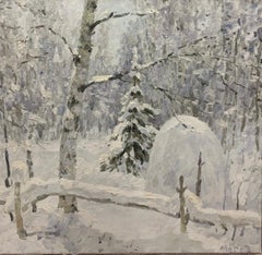Vintage "Just snowed" white, snow, forest, winter Oil cm.100 x 99  Free Shipping