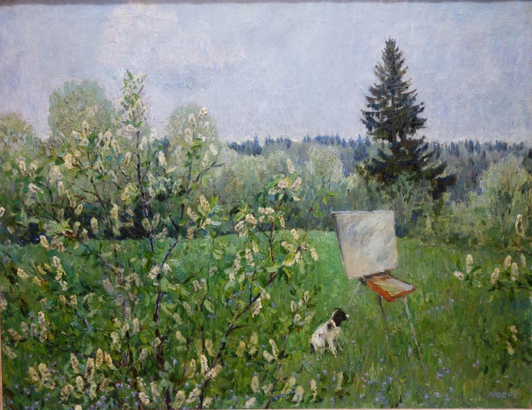 Georgij Moroz Landscape Painting - "Landscape with dog " Dog,Spring,  oil cm. 140 x 110 