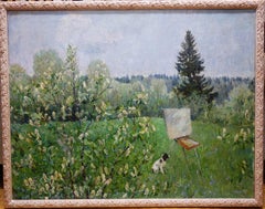 Retro "Landscape with dog " Dog, Spring,  oil cm. 140 x 110 
