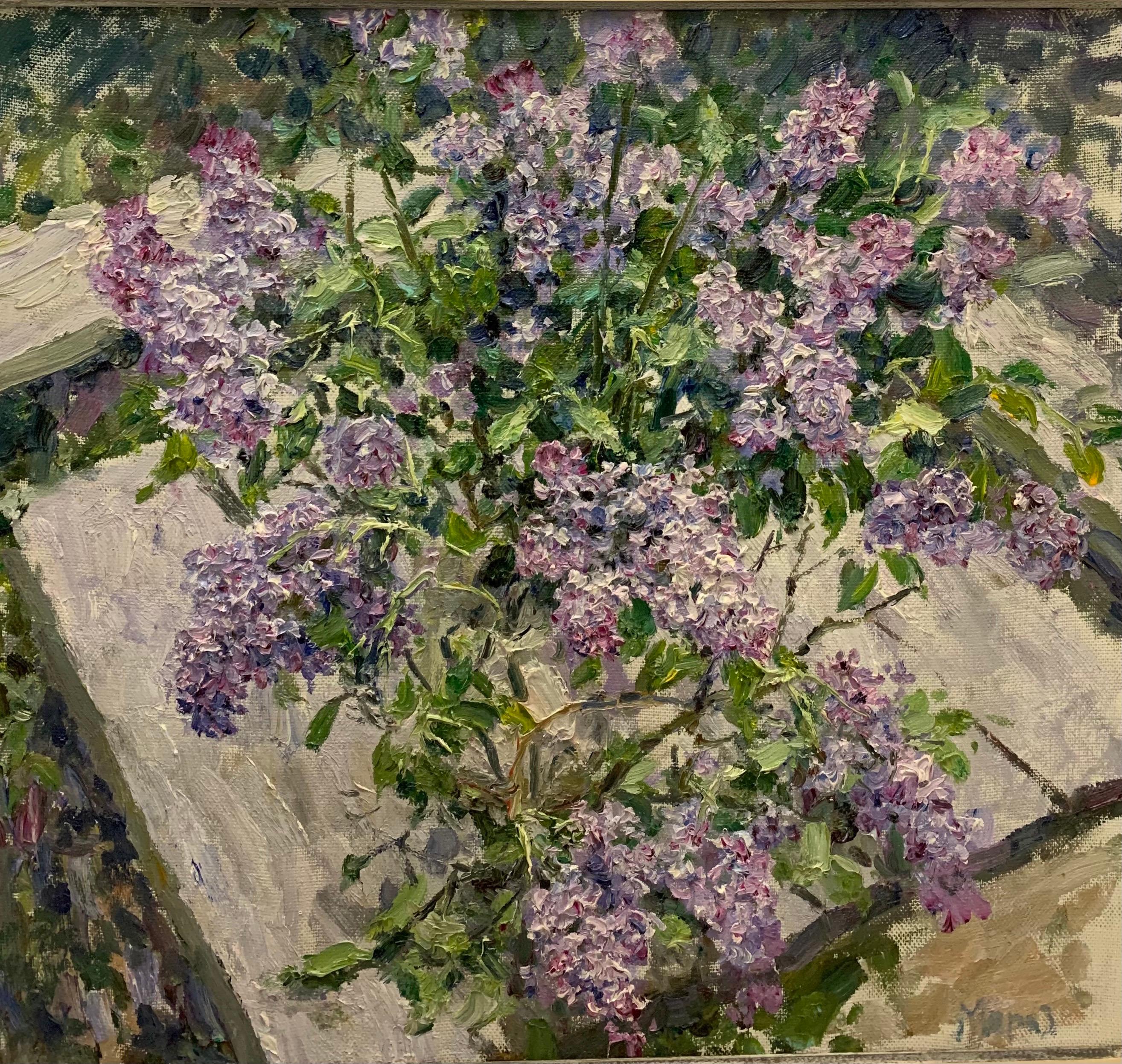 Georgij Moroz Still-Life Painting - "Lilac in the light" Flowers, Lilac cm. 71 x 65 oil