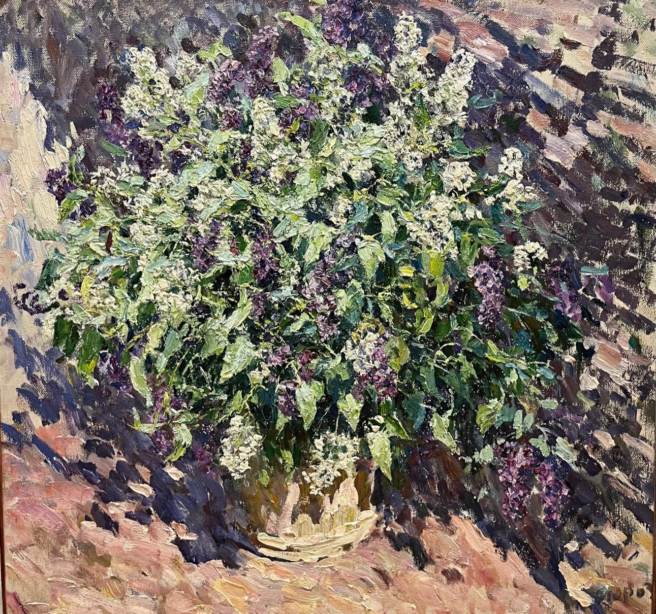 Still-Life Painting Georgij Moroz - Peinture à l'huile violette et blanche « Lilas », 101 x 97 