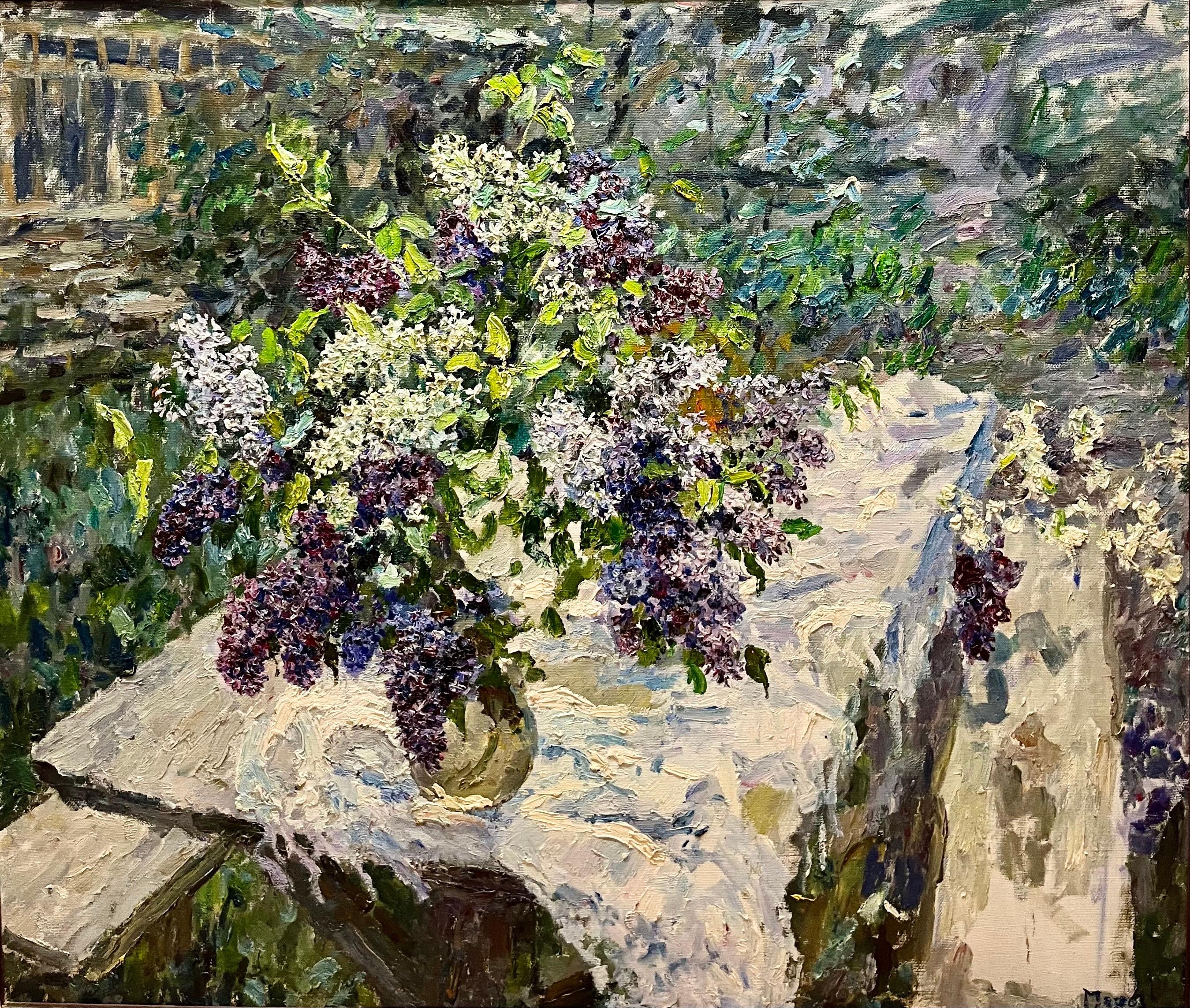 Still-Life Painting di Georgij Moroz - "Lillà sul tavolo in giardino" Olio cm. 140 x 125