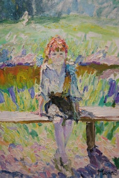 „ Kleines Mädchen mit roten Bändern“ Kind, Grün, Rot, Frühling  cm. 89 x 98