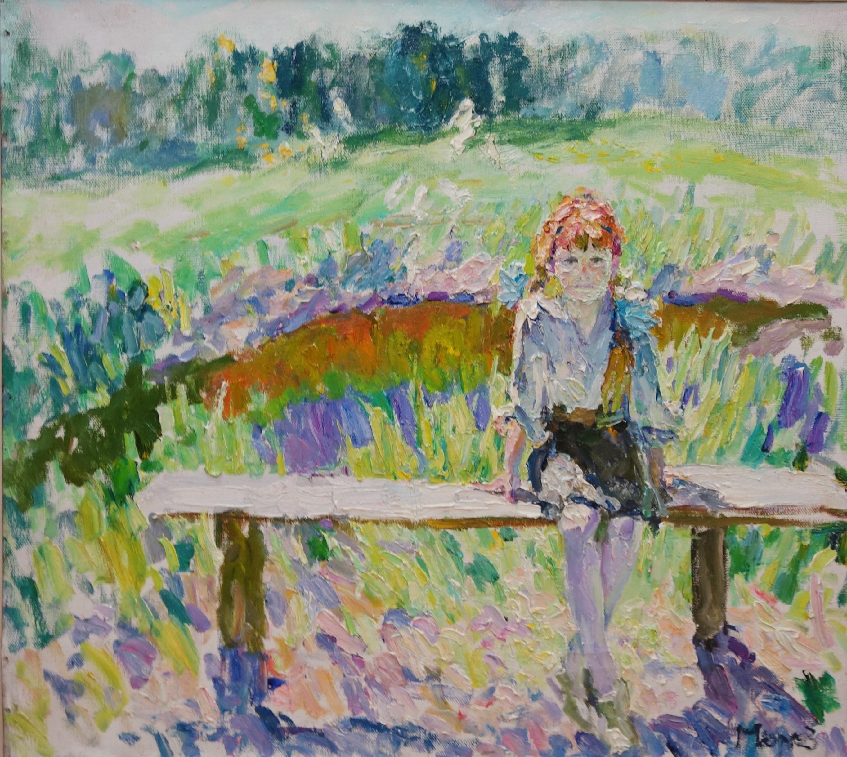 Figurative Painting Georgij Moroz - "Petite fille aux tresses rouges "Child, Green, Red, Spring  cm. 89 x 98 