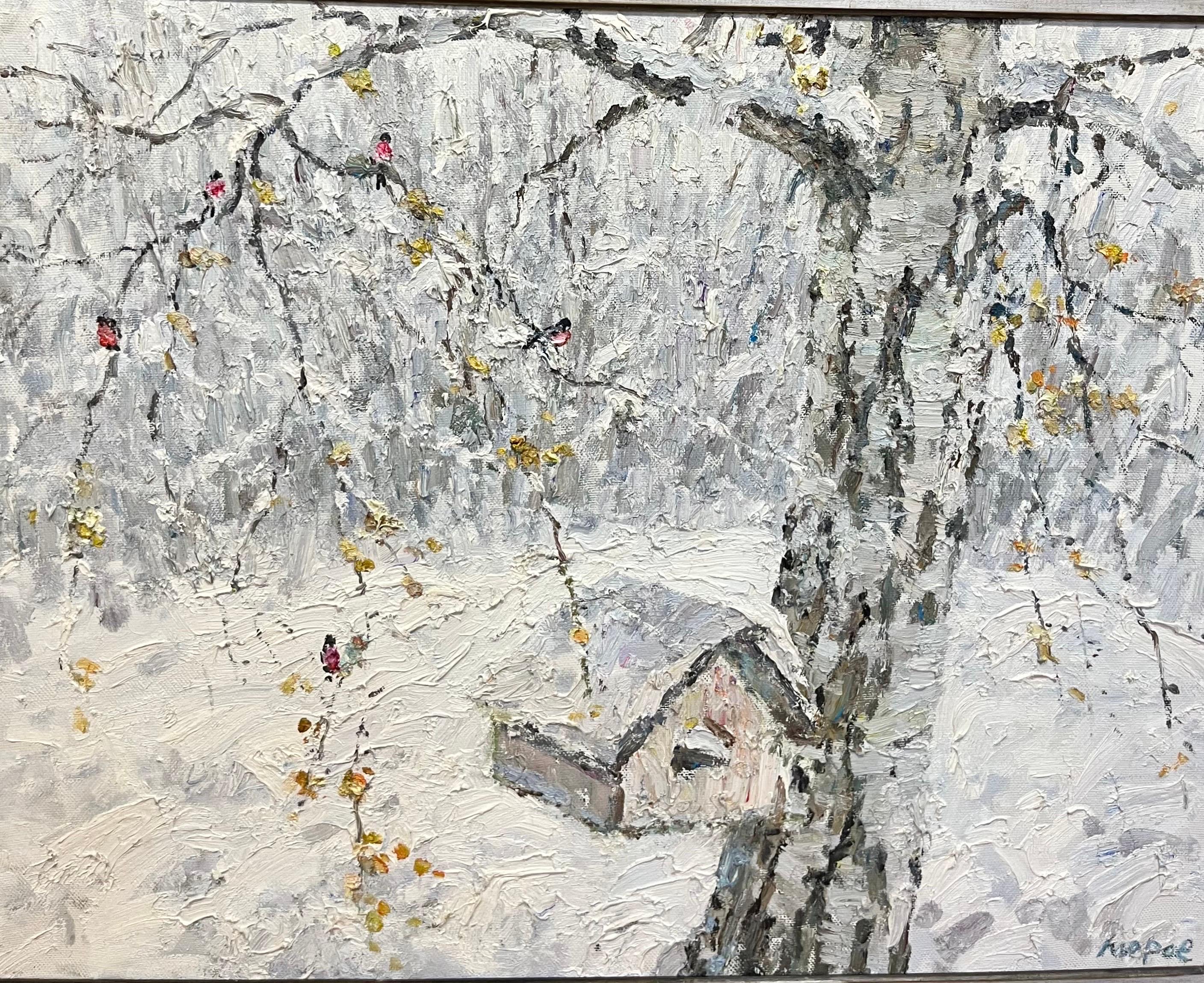""Little house for robins in the woods"" Öl cm. 96 x 76, Schnee, Winter