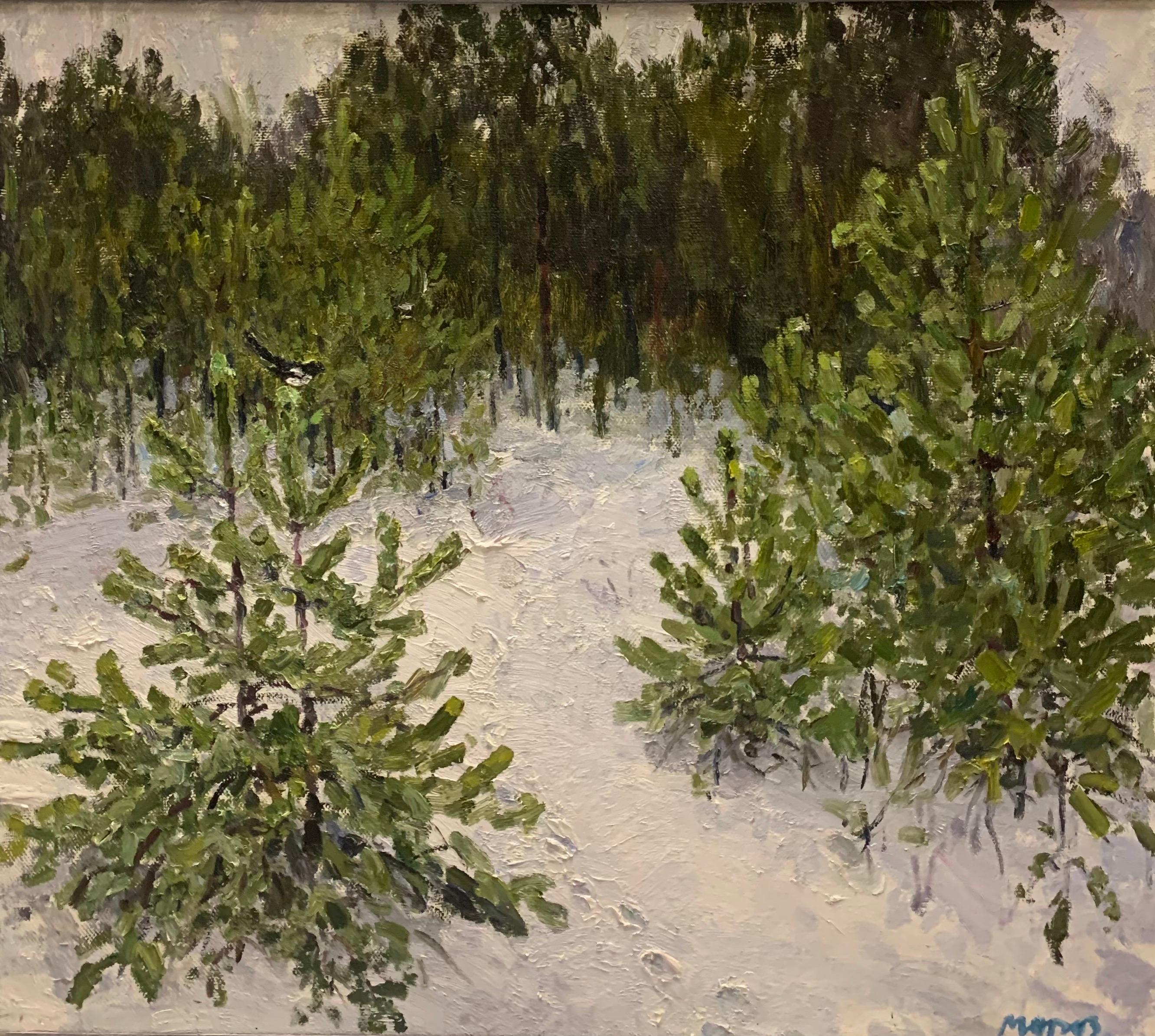 "Magpie in the woods"Snow, Winter oil cm. 86 x 76 