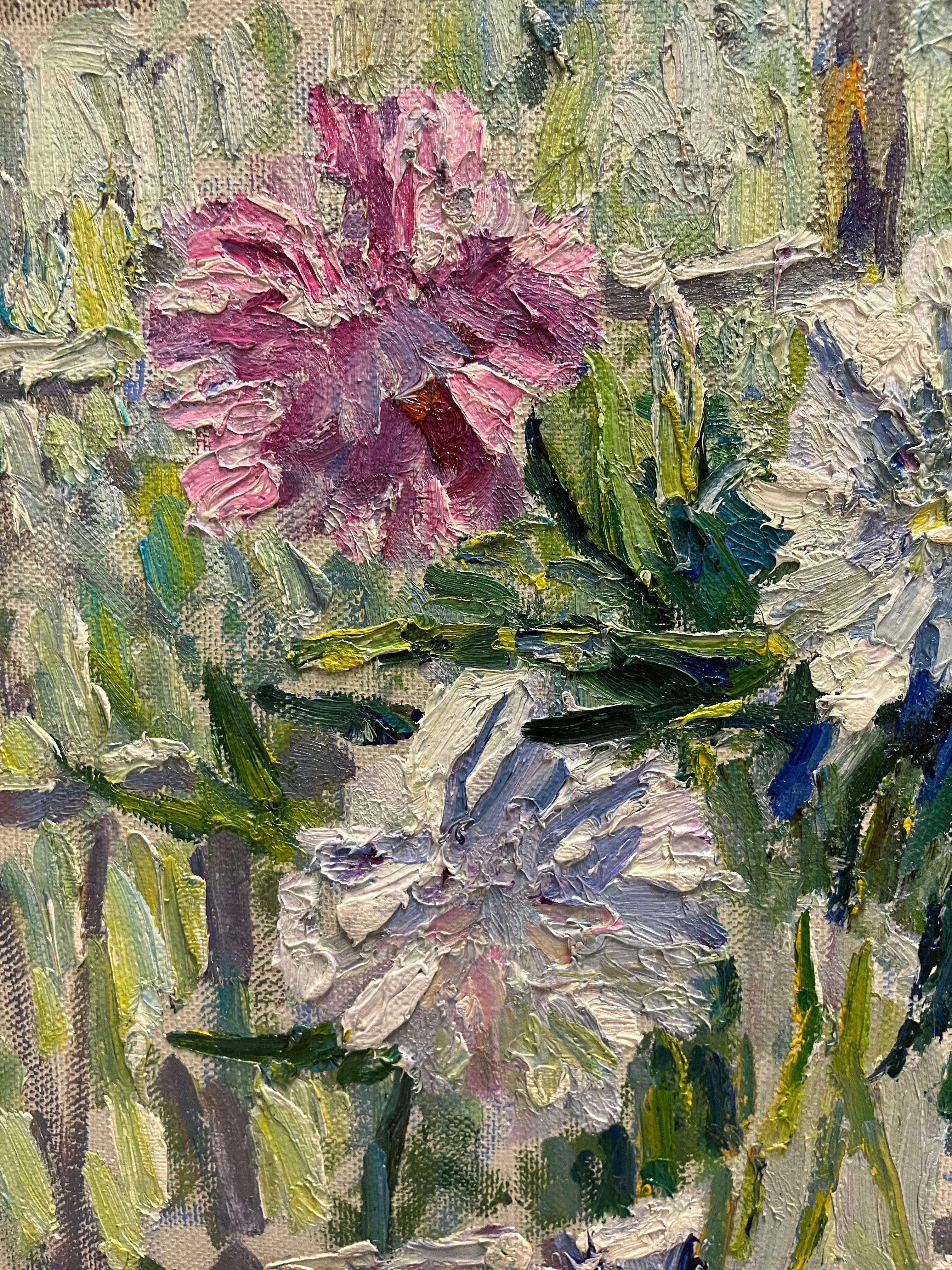 „ Pfingstrosen“, rosa und weiß, cm. 68 x 68  im Angebot 1