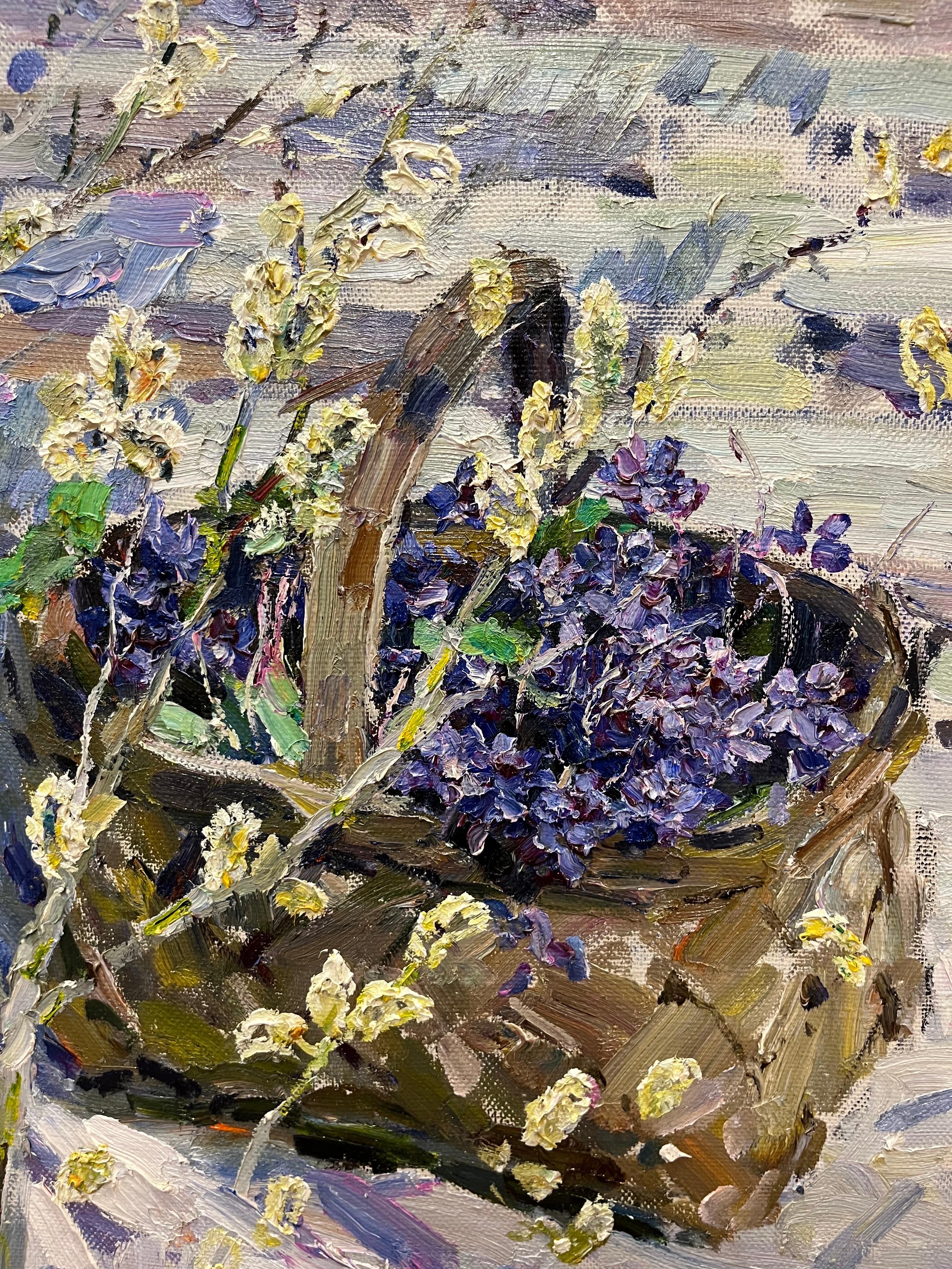 “Ramo di salice e violette” Olio cm 69 x 67 - Painting by Georgij Moroz