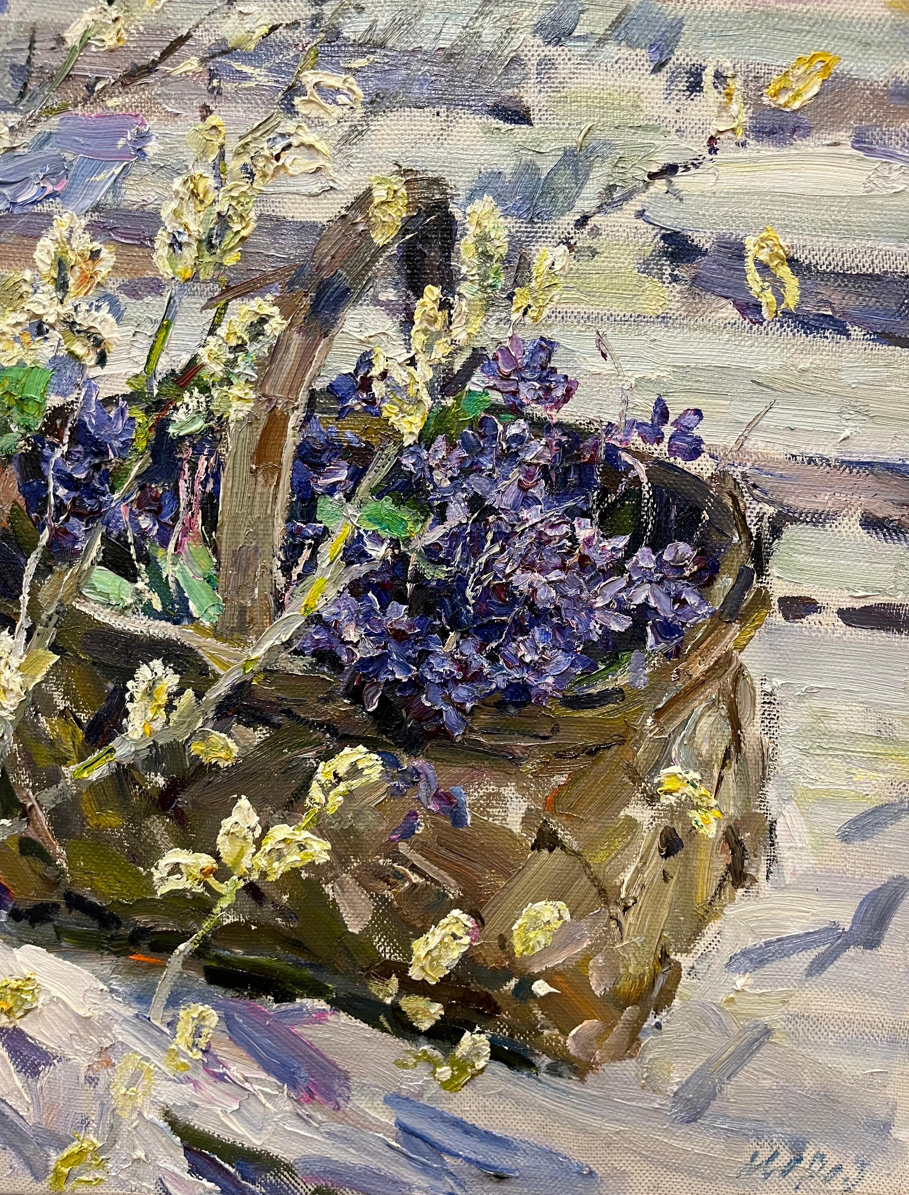 Ramo di salice e violette Olio cm 69 x 67 - Impressionnisme Painting par Georgij Moroz