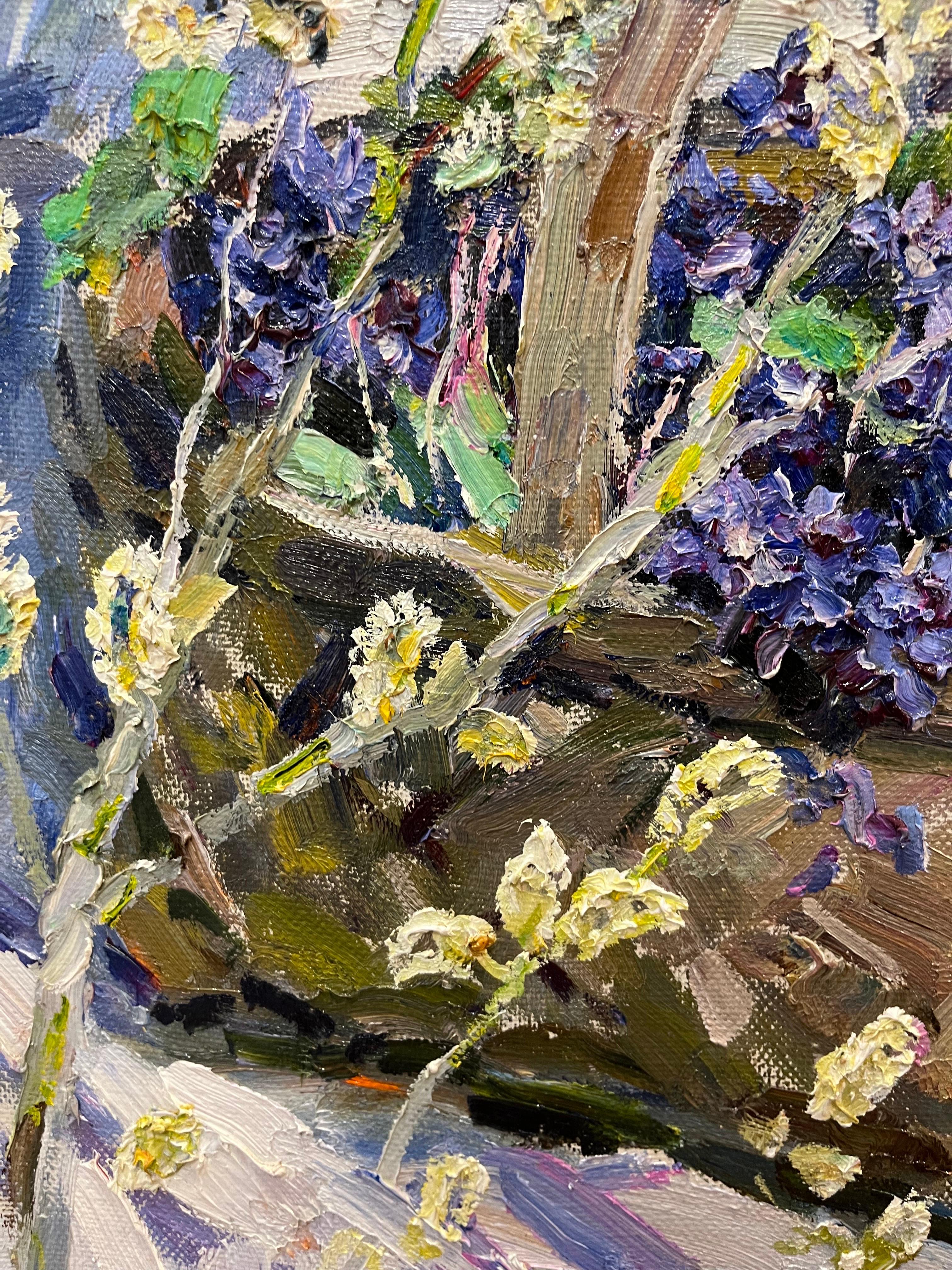 Ramo di salice e violette Olio cm 69 x 67 en vente 1