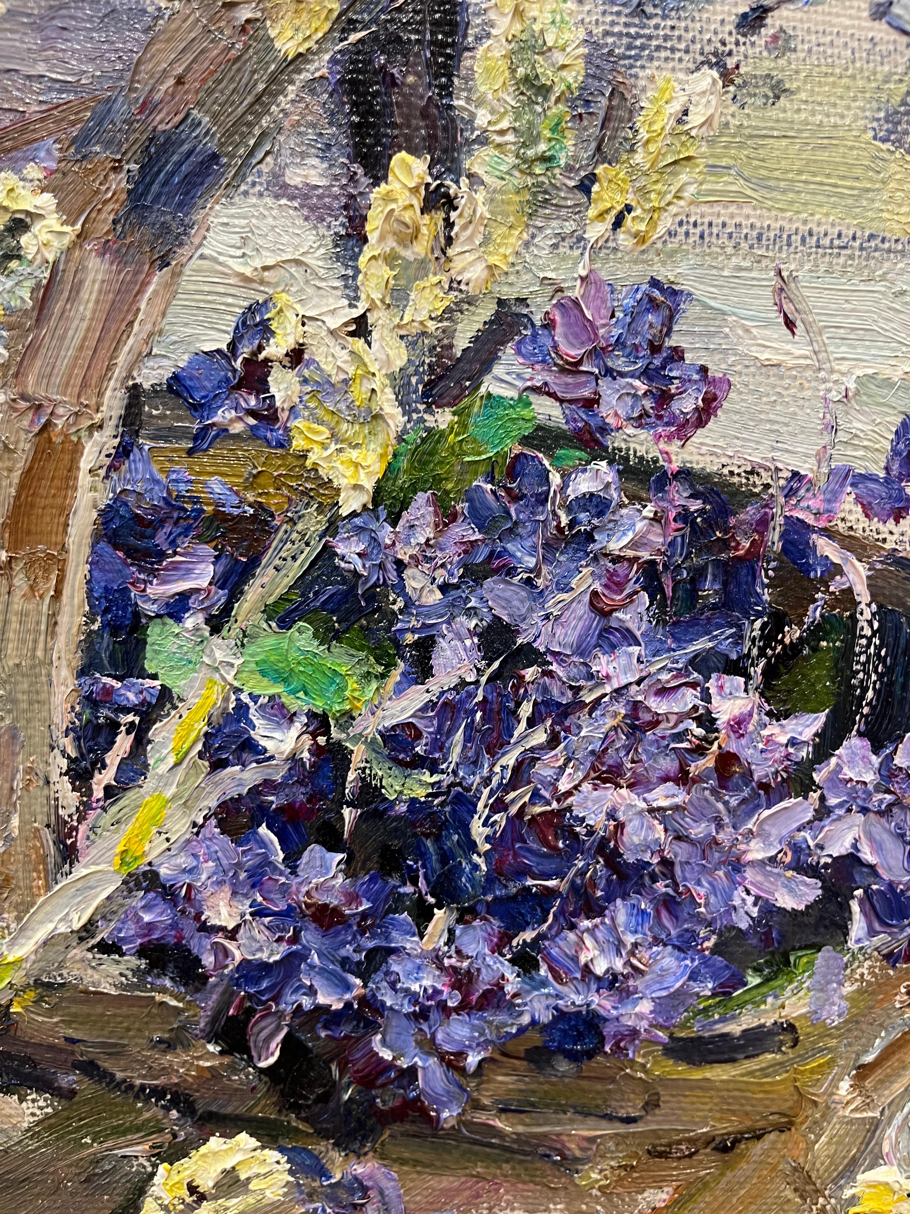 Ramo di salice e violette Olio cm 69 x 67 en vente 2