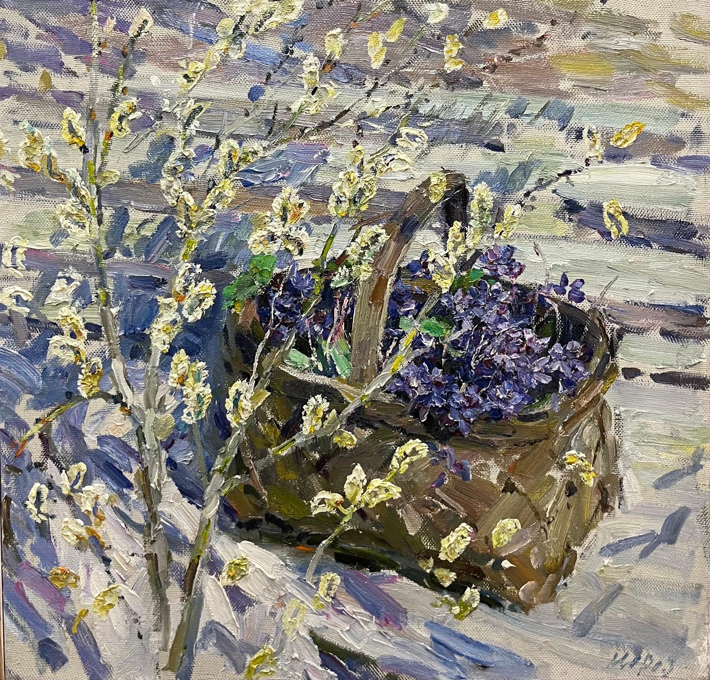 Georgij Moroz Still-Life Painting - “Ramo di salice e violette” Olio cm 69 x 67