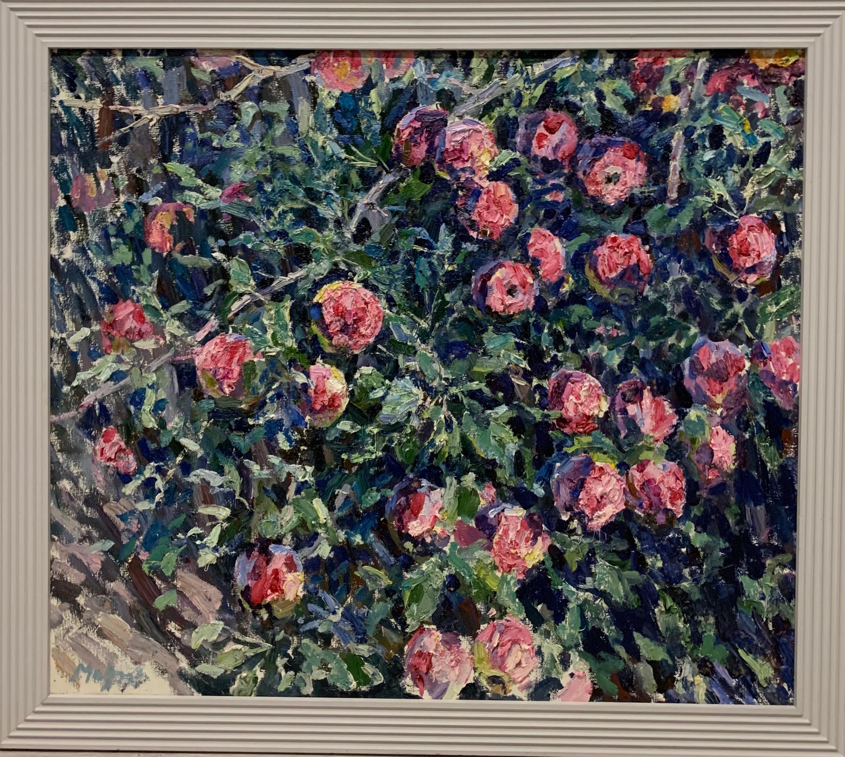 Figurative Painting Georgij Moroz - "Pommes rouges" Huile cm 79 x 69  Rouge ,  Rose