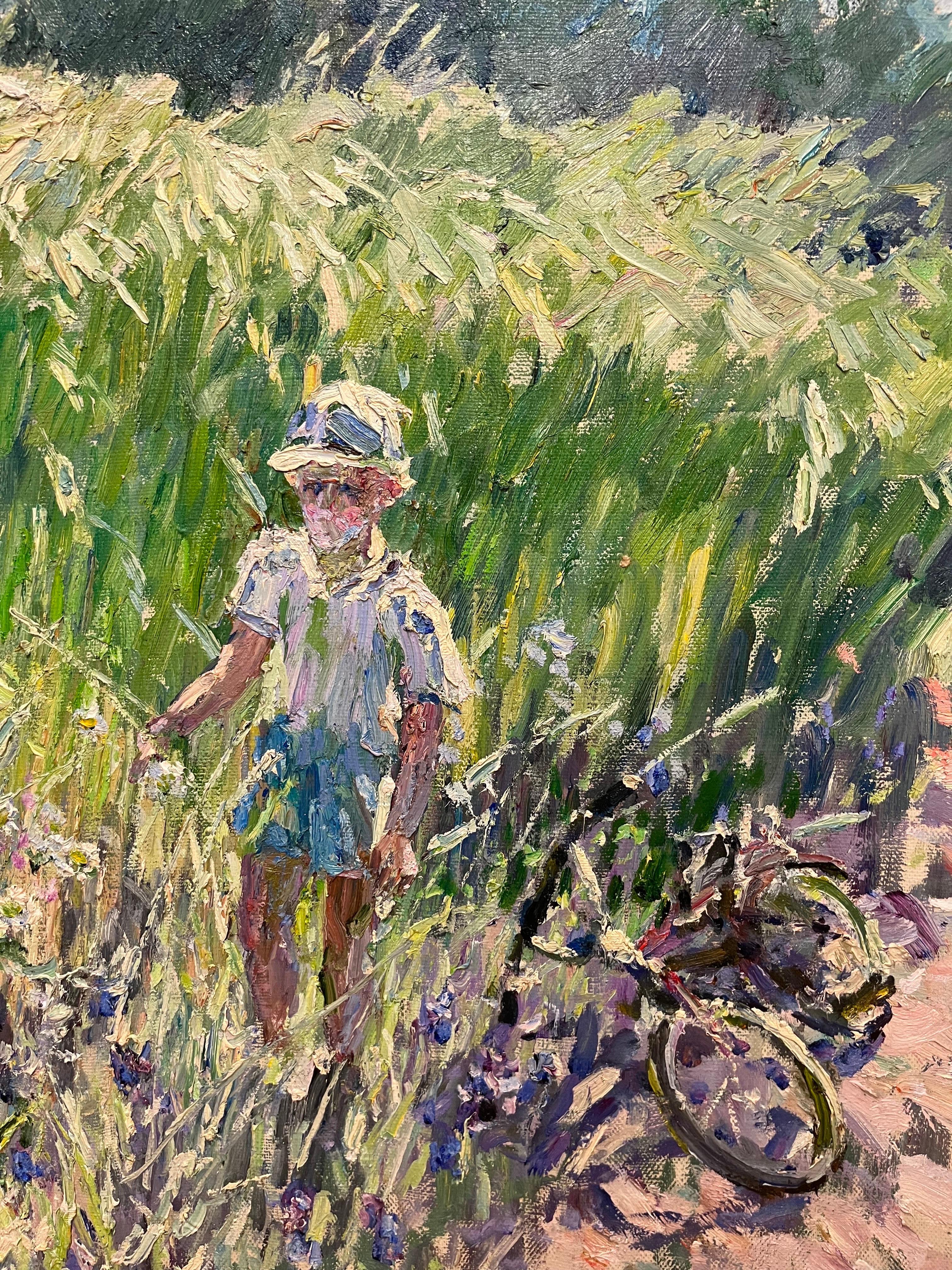 « Eye in bloom », jeune enfant dans un champ fleuri, huile cm. 120 x 91,  1999 - Painting de Georgij Moroz