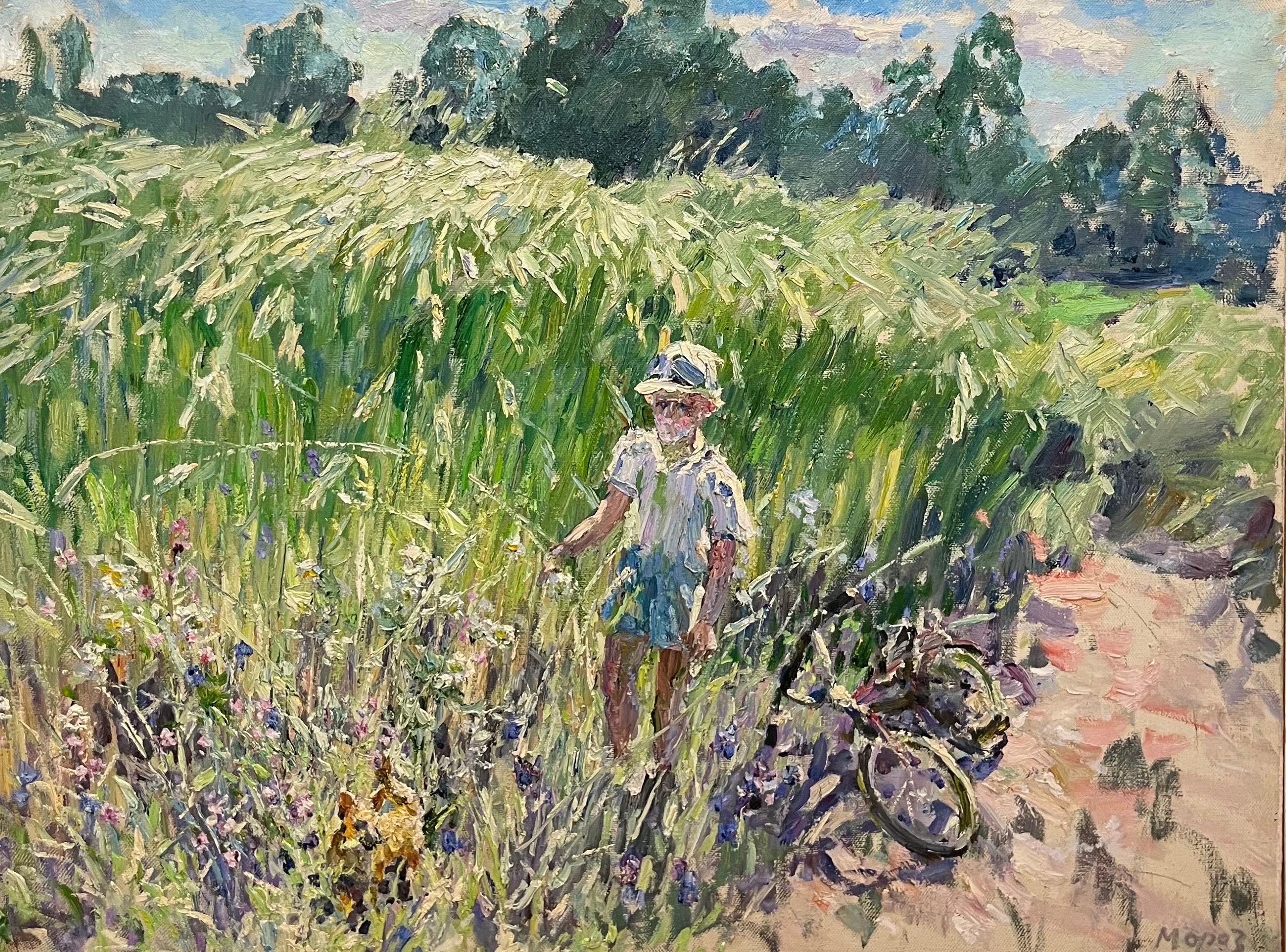 Landscape Painting Georgij Moroz - « Eye in bloom », jeune enfant dans un champ fleuri, huile cm. 120 x 91,  1999