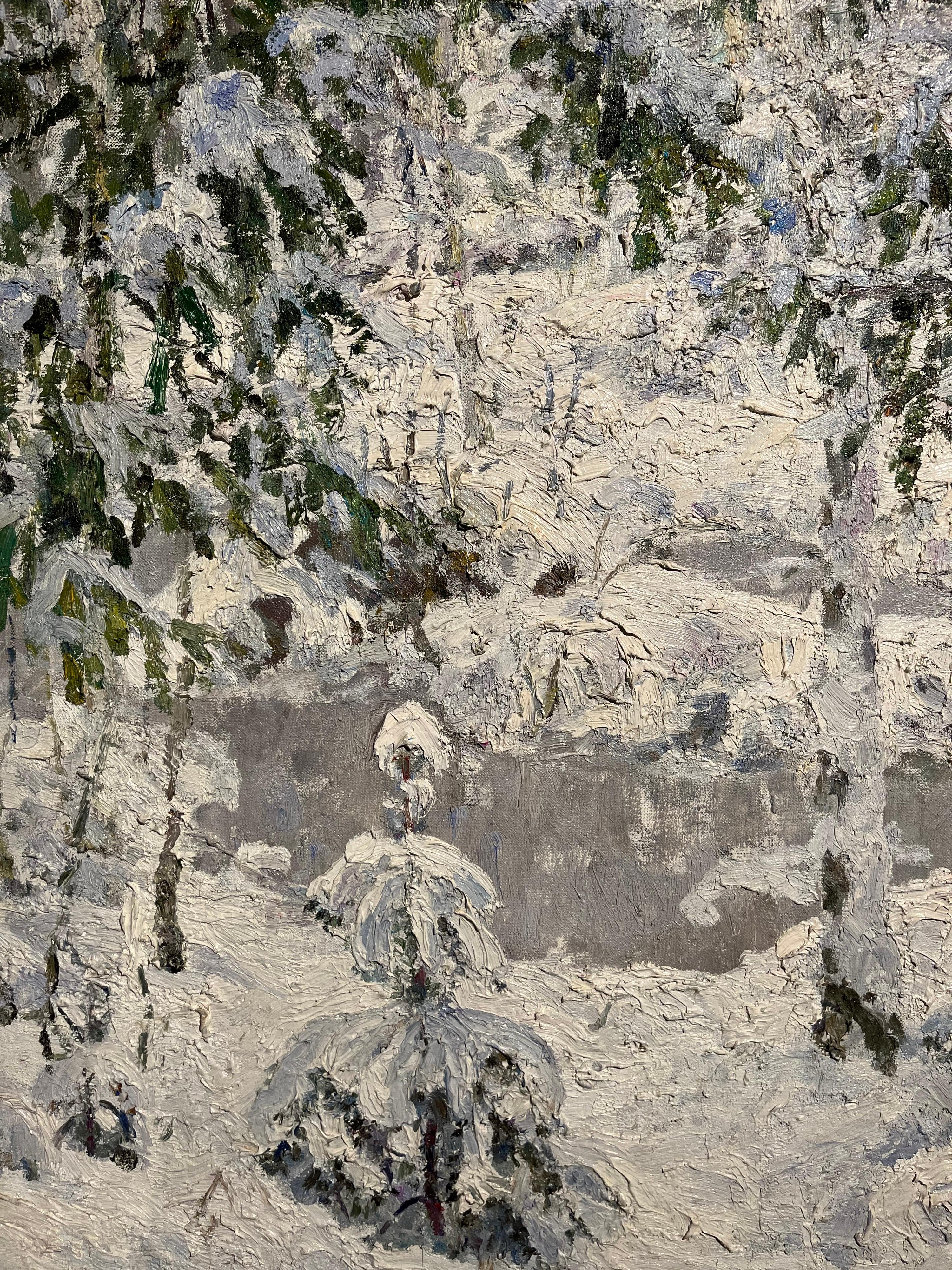 « Forêt scintillante », blanc, neige, huile, cm 106 x 94   - Painting de Georgij Moroz