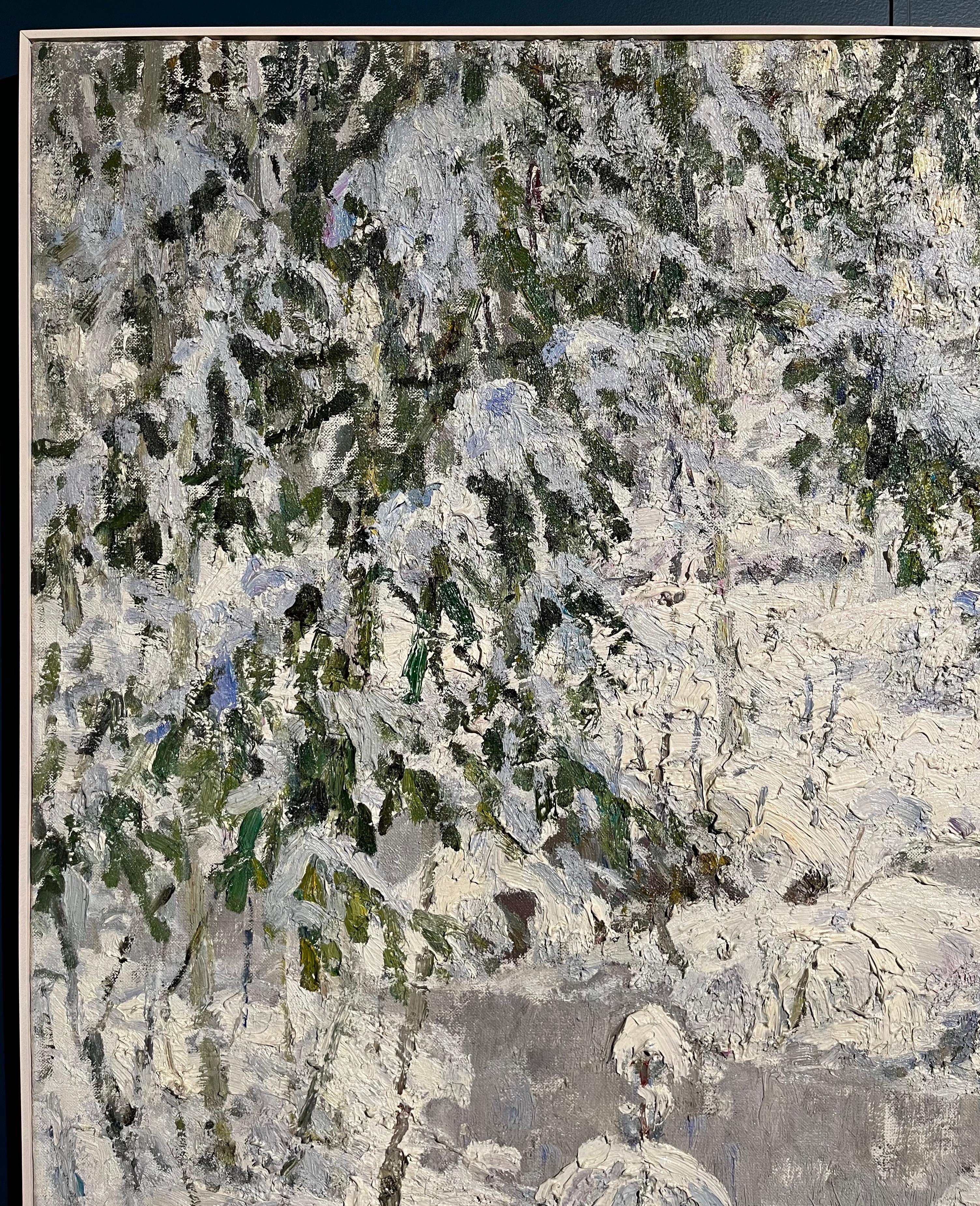 « Forêt scintillante », blanc, neige, huile, cm 106 x 94   - Impressionnisme Painting par Georgij Moroz