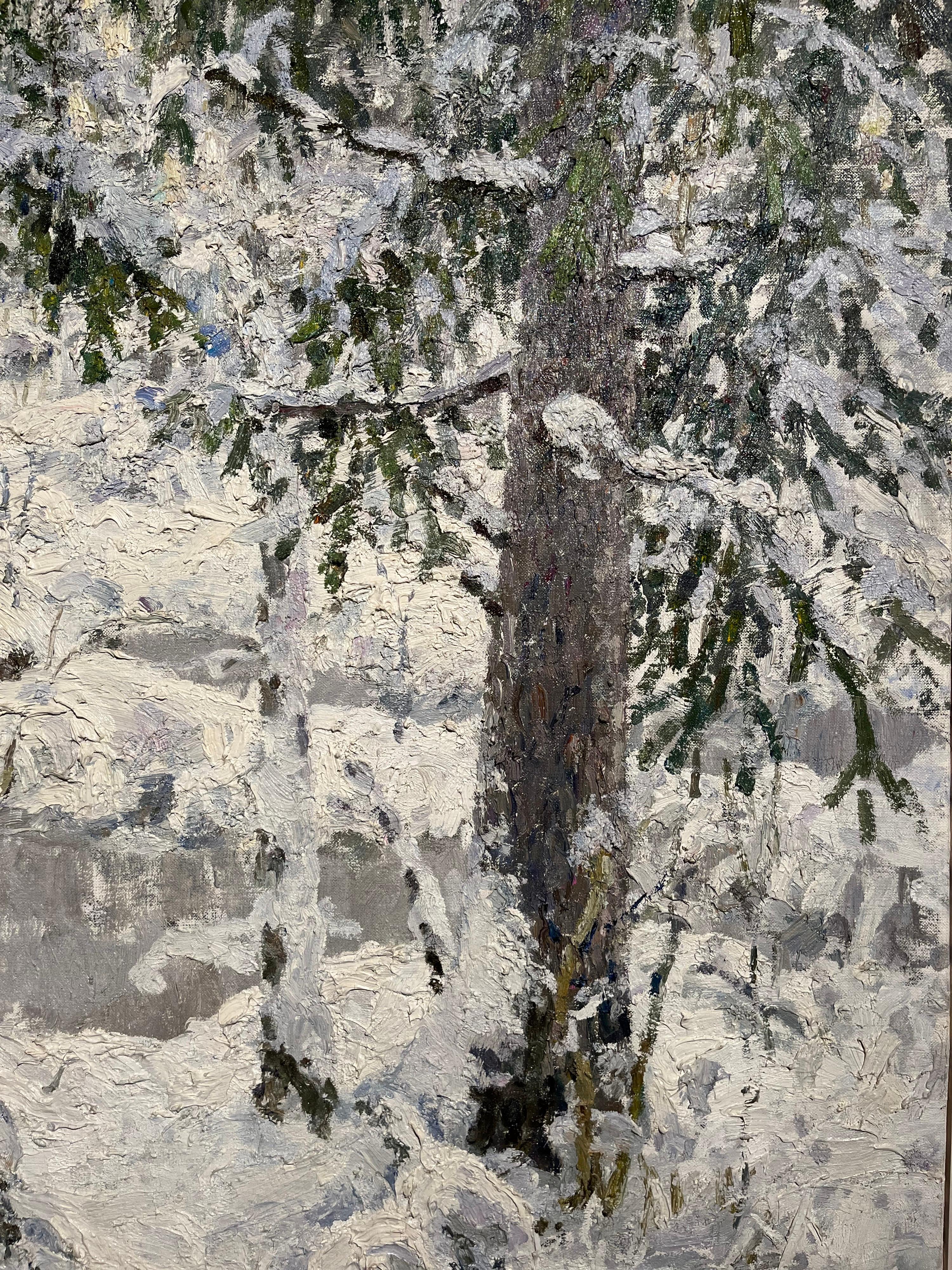 « Forêt scintillante », blanc, neige, huile, cm 106 x 94   - Beige Landscape Painting par Georgij Moroz