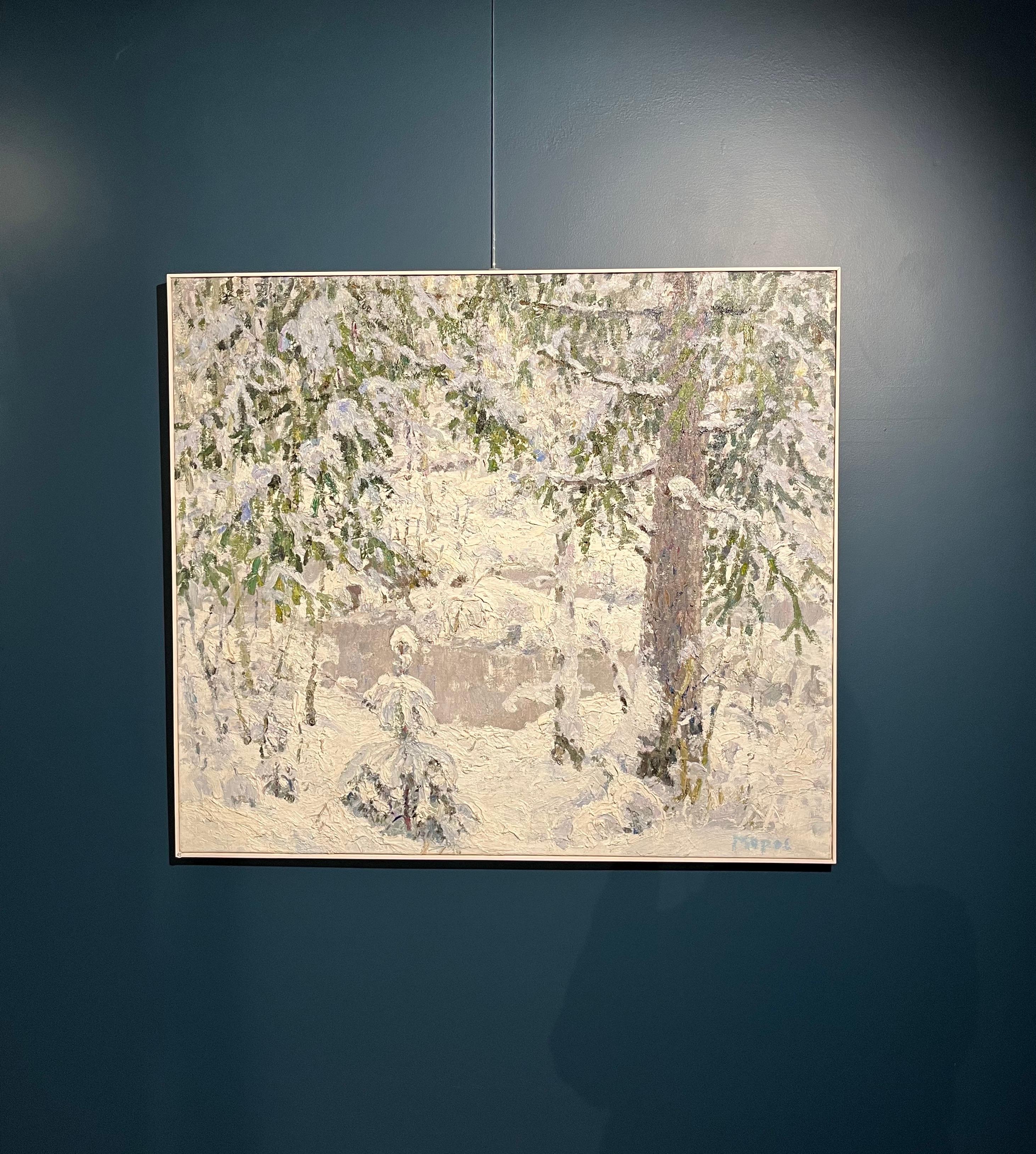 « Forêt scintillante », blanc, neige, huile, cm 106 x 94   en vente 1