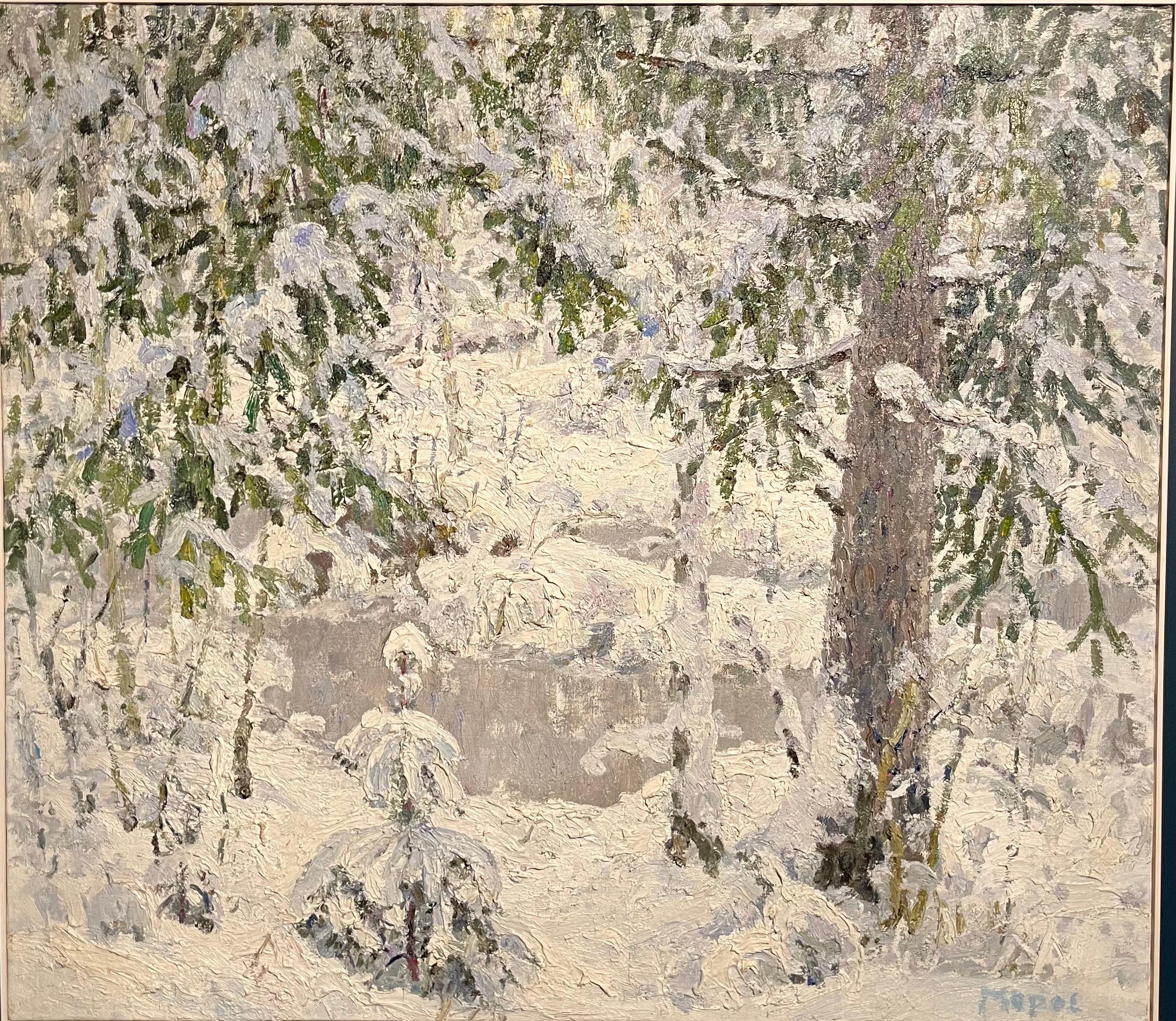Georgij Moroz Landscape Painting - "Snowy forest" White, Snow, Oil cm 106 x 94  