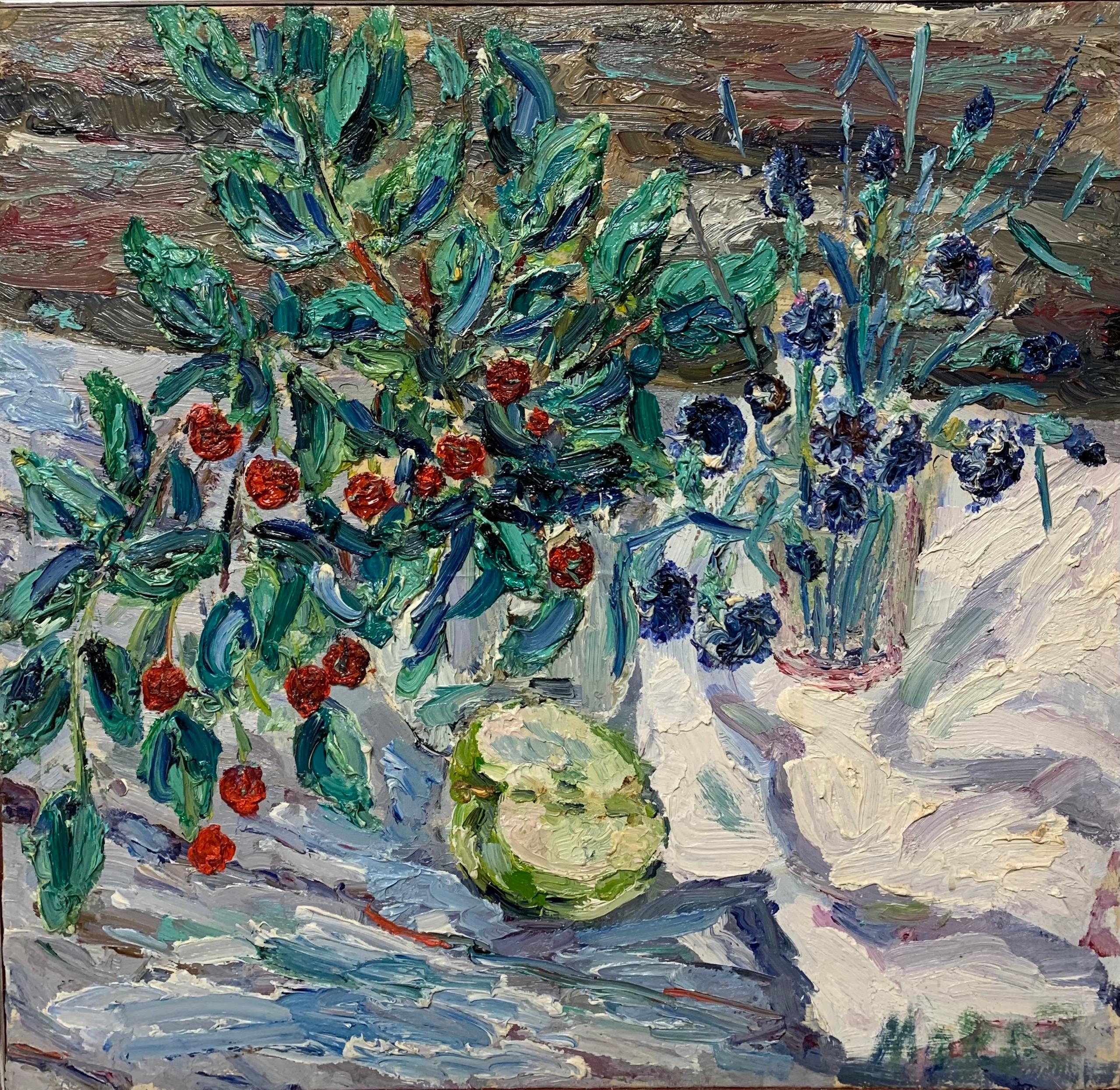 Georgij Moroz Still-Life Painting - "Sour cherries and flowers"  Oil  cm.  45 x 53
