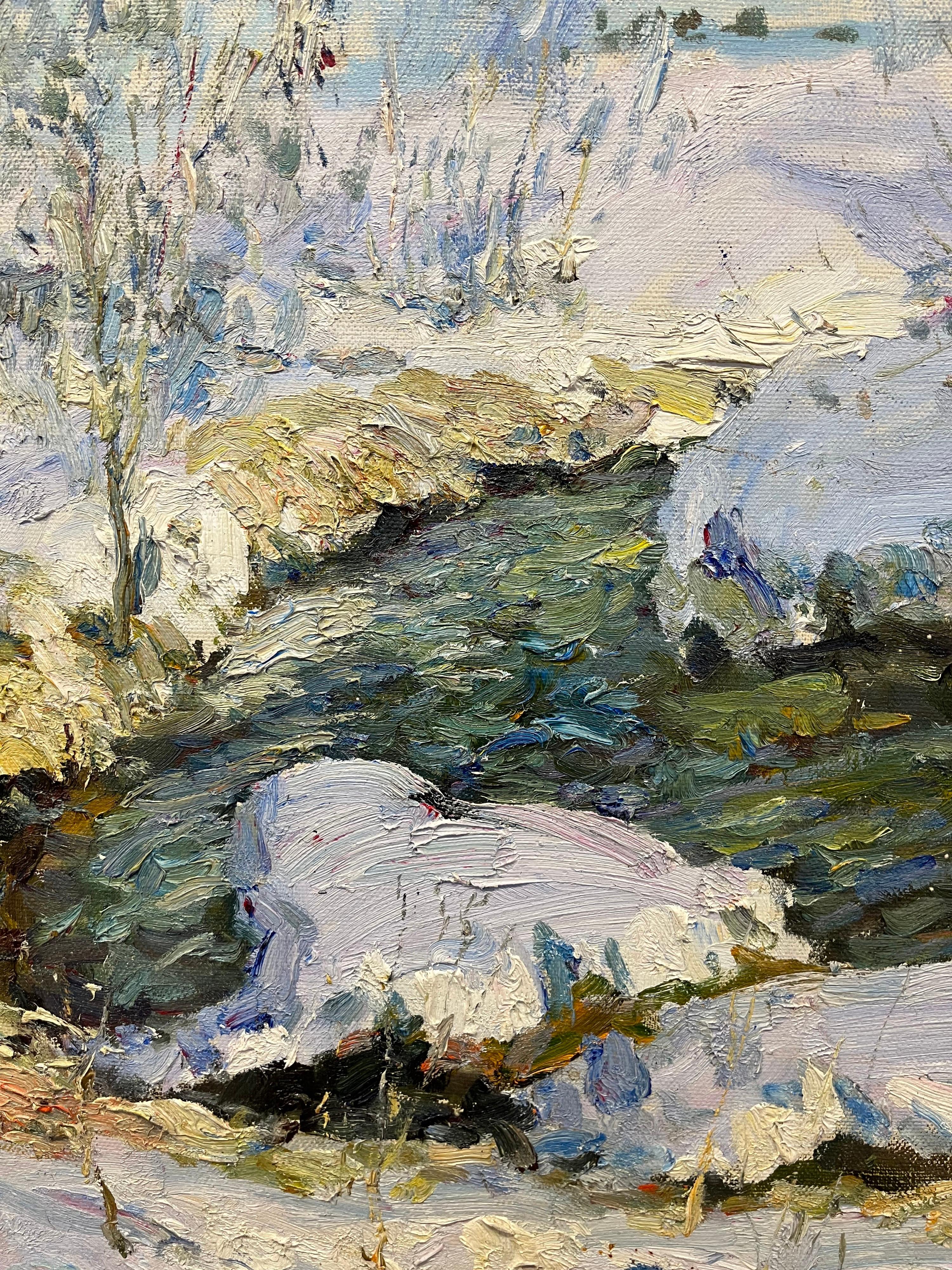 « Stream illuminated by the sun » (Stream illuminé par le soleil) hiver, lumière, neige cm. 97 x 85 1999 - Painting de Georgij Moroz