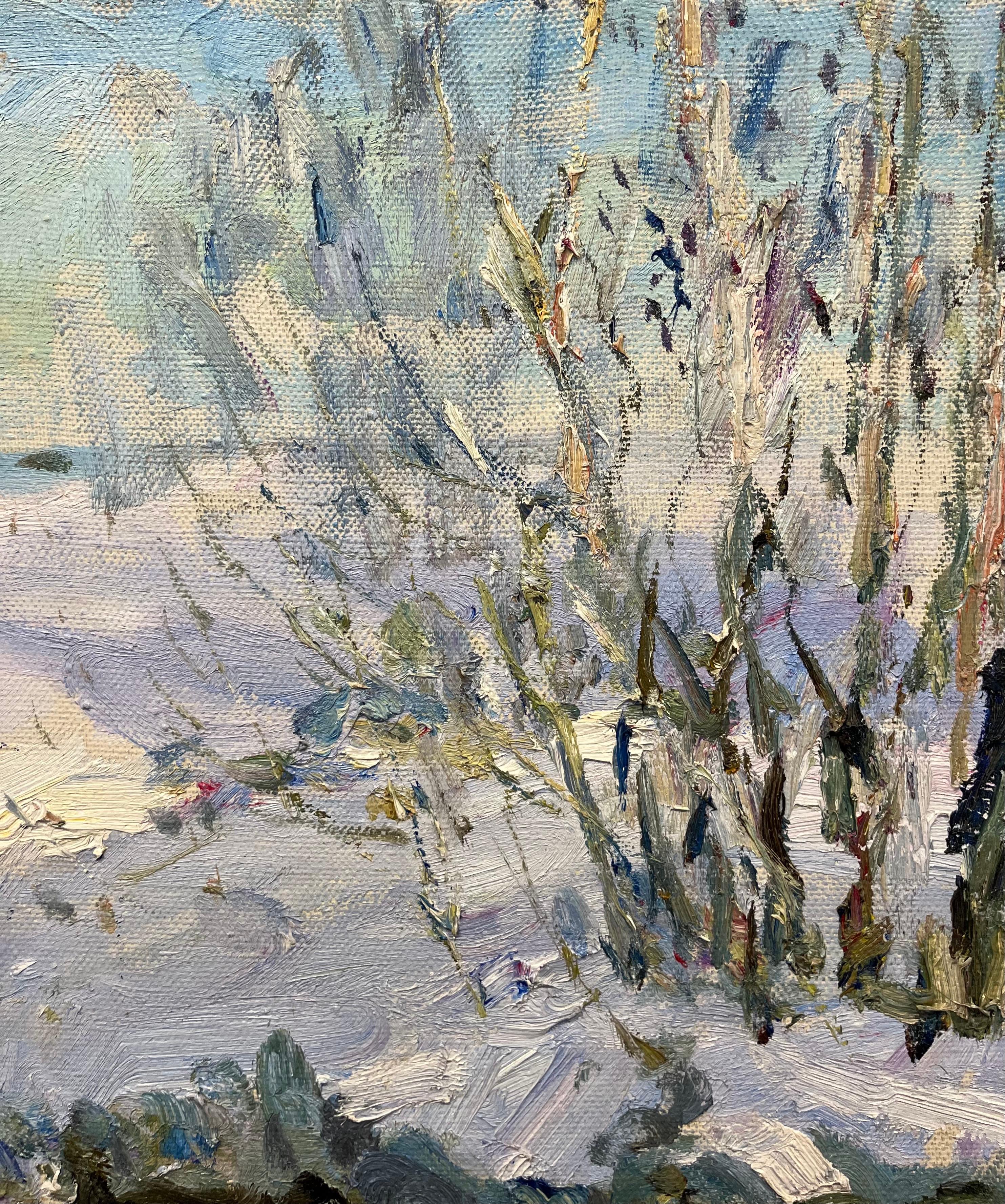« Stream illuminated by the sun » (Stream illuminé par le soleil) hiver, lumière, neige cm. 97 x 85 1999 - Gris Landscape Painting par Georgij Moroz