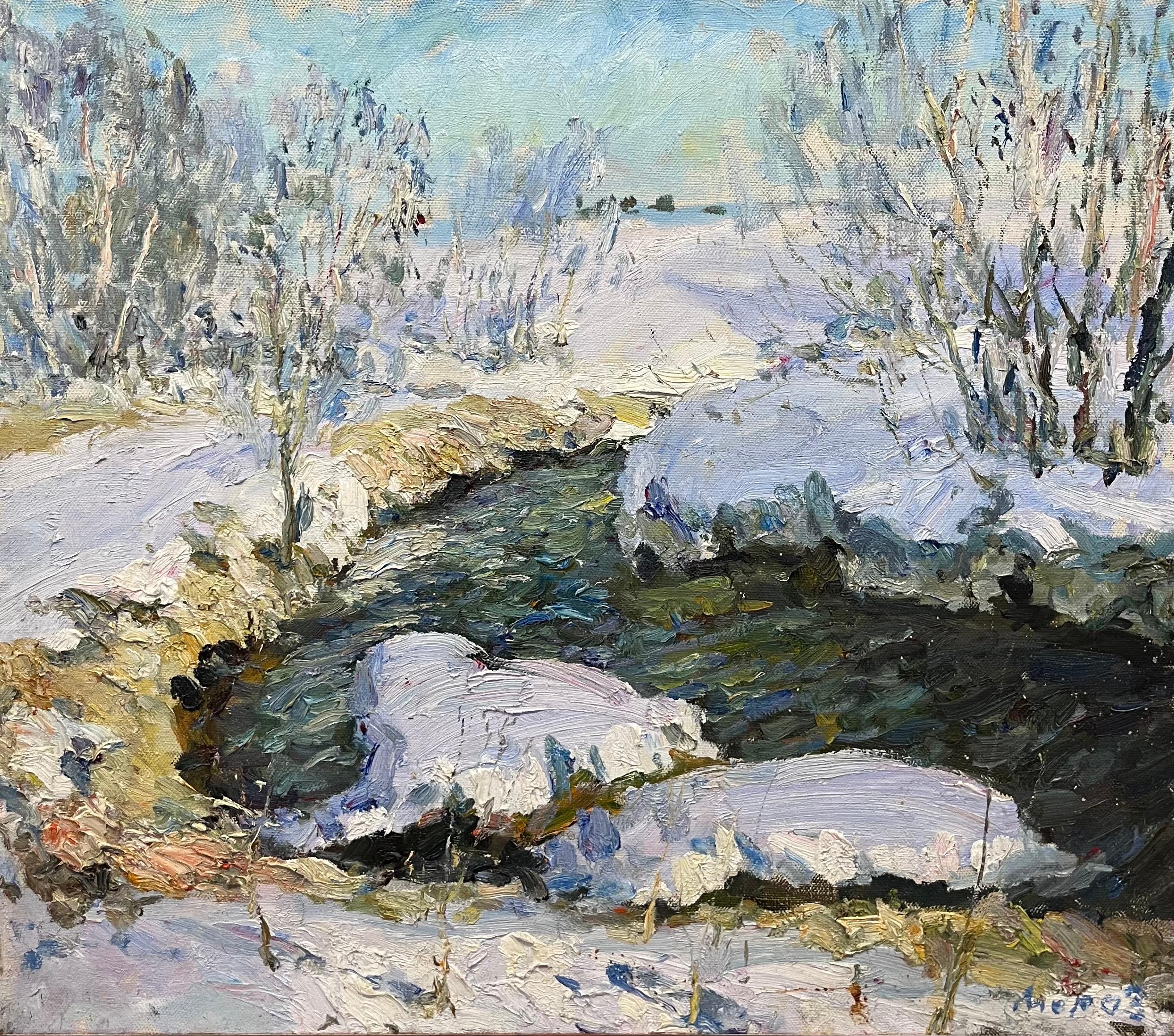 Landscape Painting Georgij Moroz - « Stream illuminated by the sun » (Stream illuminé par le soleil) hiver, lumière, neige cm. 97 x 85 1999