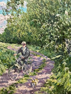"Summer " Bicycle in countryside, green , dog cm. 136 x 119