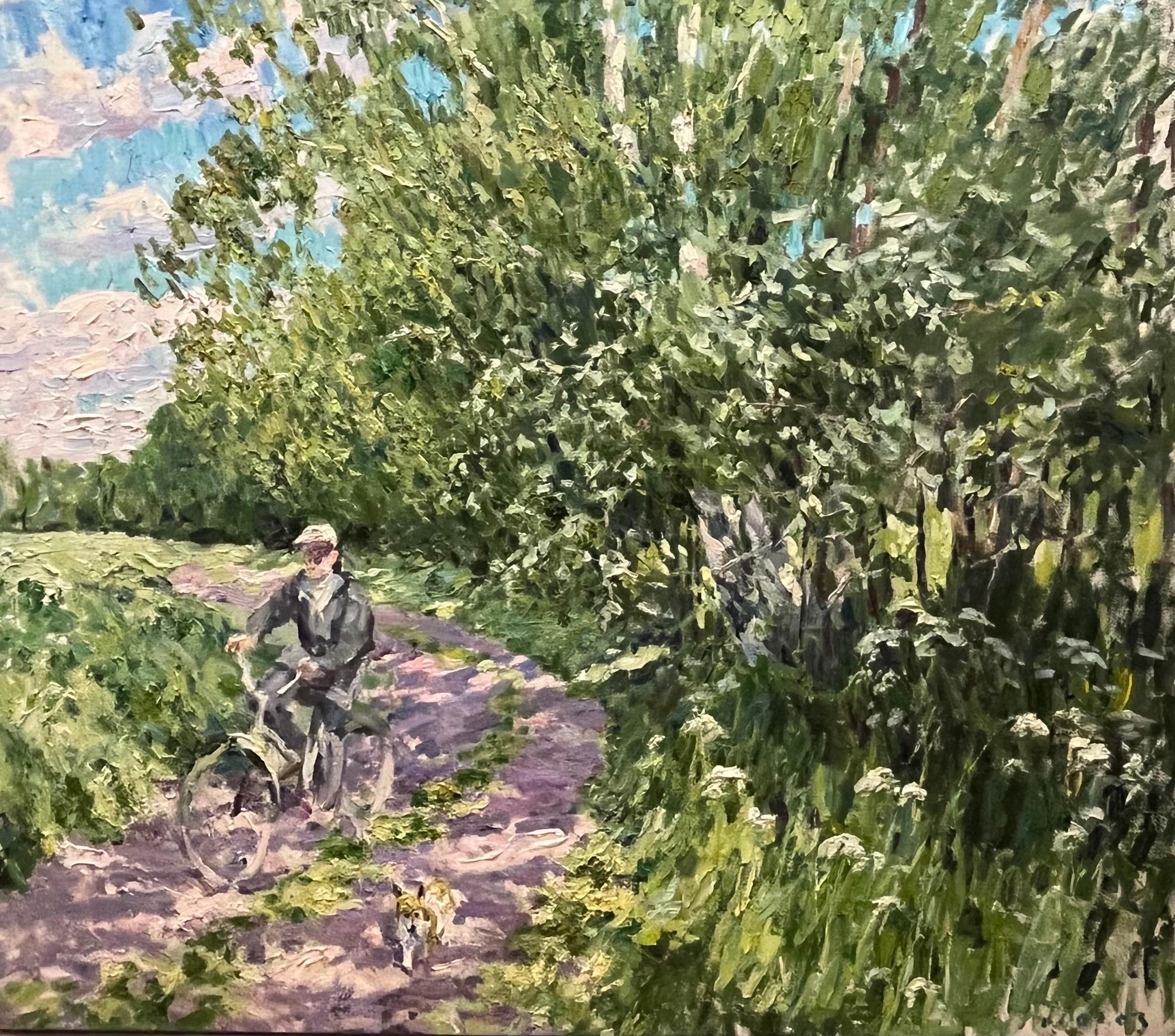 Georgij Moroz Animal Painting - "Summer " Bicycle in countryside, green , dog cm. 136 x 119 