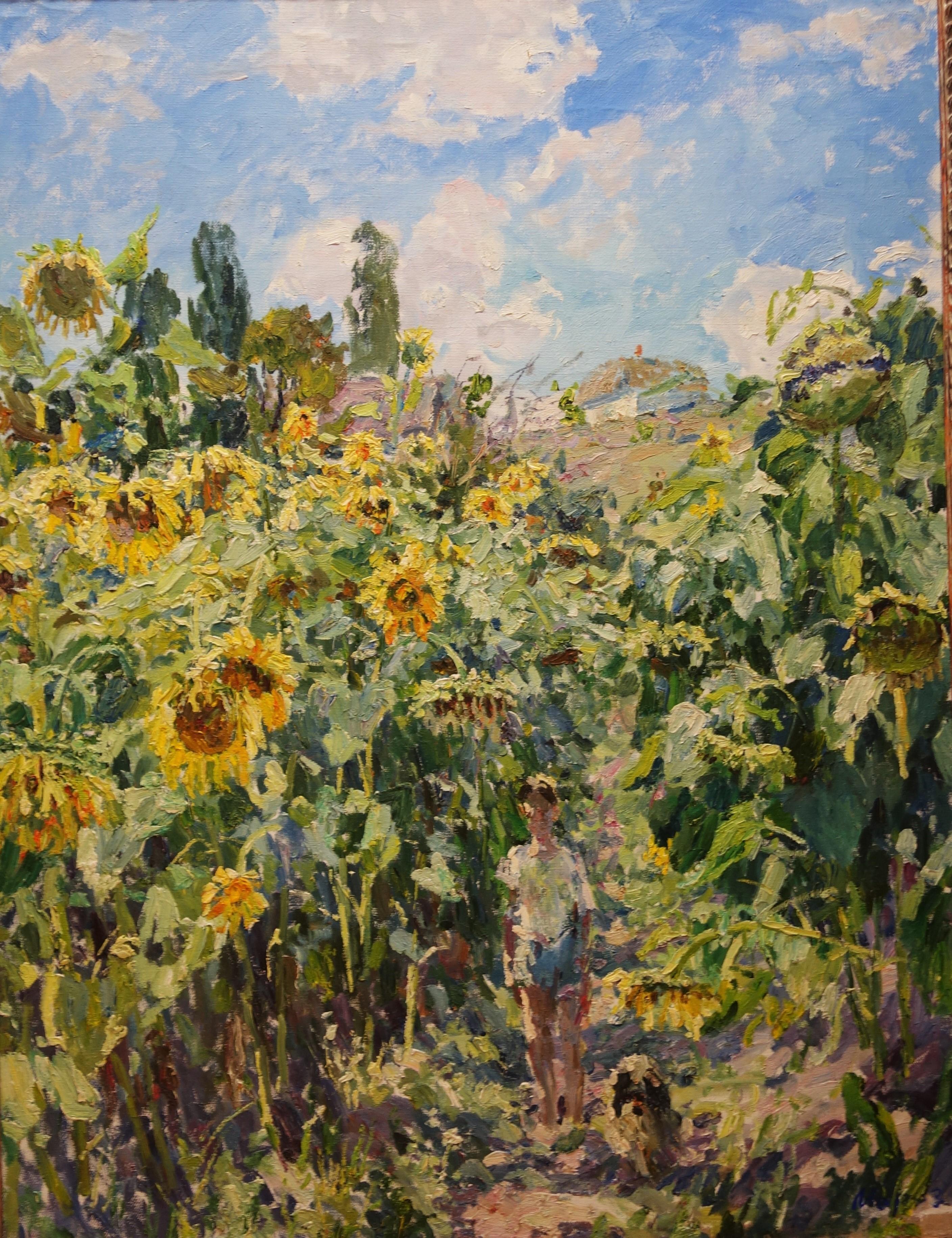 Georgij Moroz Figurative Painting - "Sunflowers"Yellow, Child, Dog, Impressionism, oil painting 158 x 120 cm