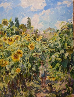 "Sunflowers"Yellow, Child, Dog, Impressionism, oil painting 158 x 120 cm