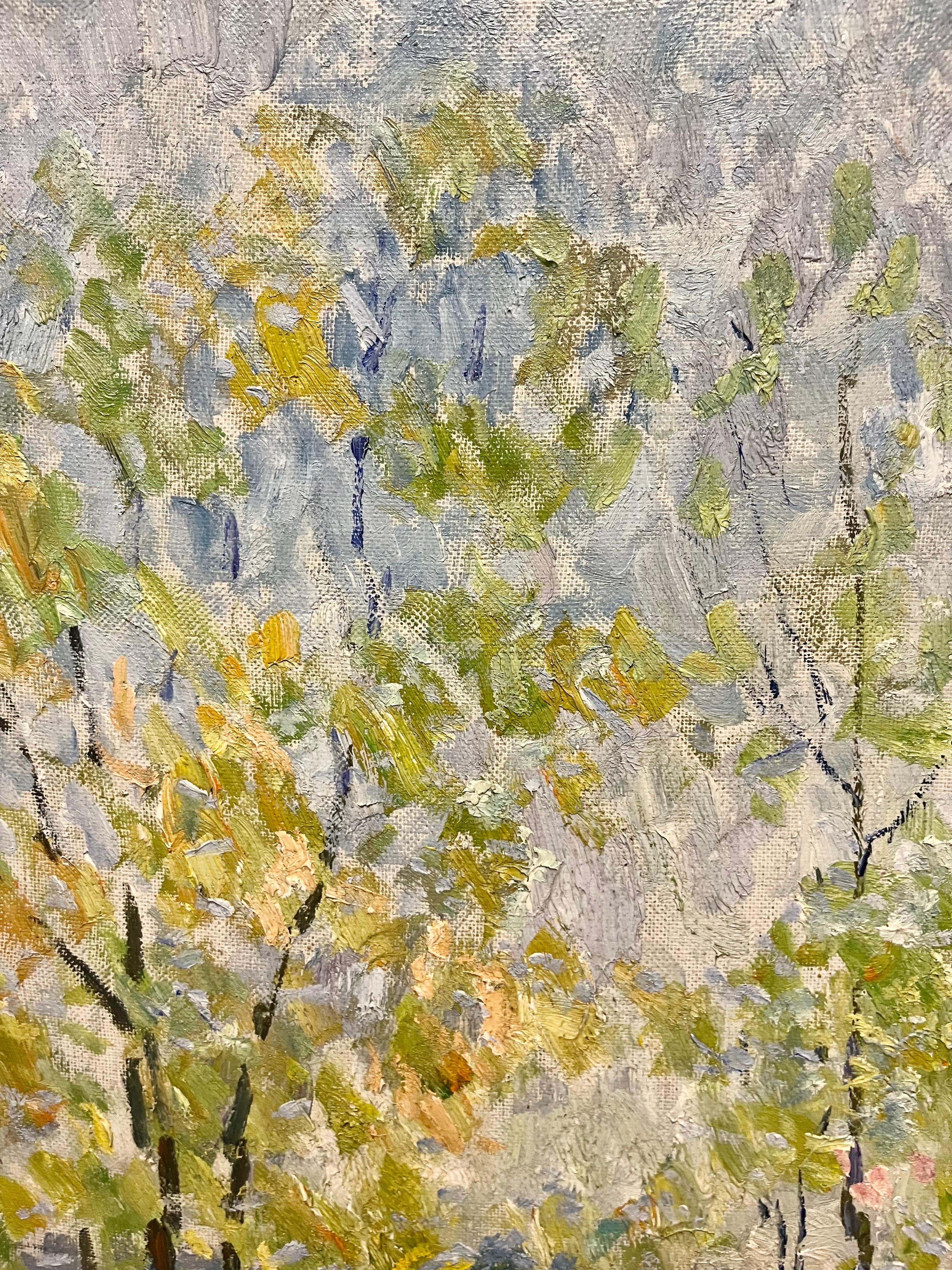 « Paysage ensoleillé », printemps, huile cm  100 x 100 en vente 1