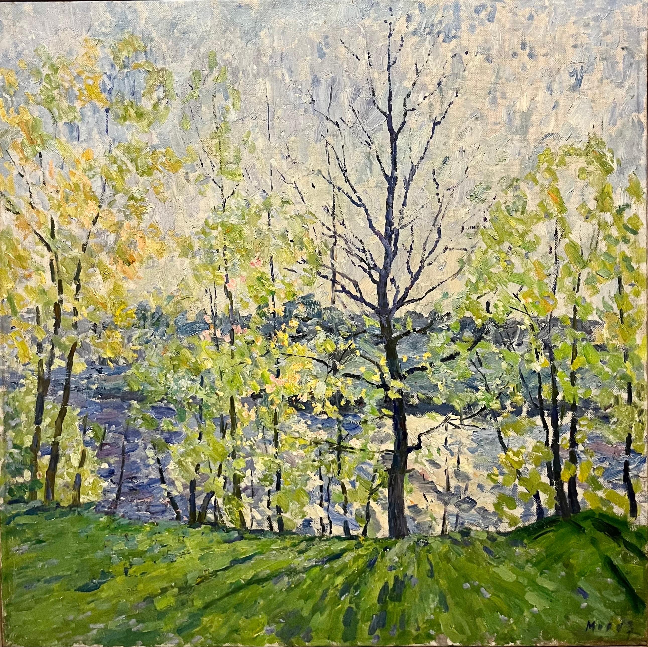 Georgij Moroz Figurative Painting - "Sunny landscape" Green, spring, oil cm  100 x 100