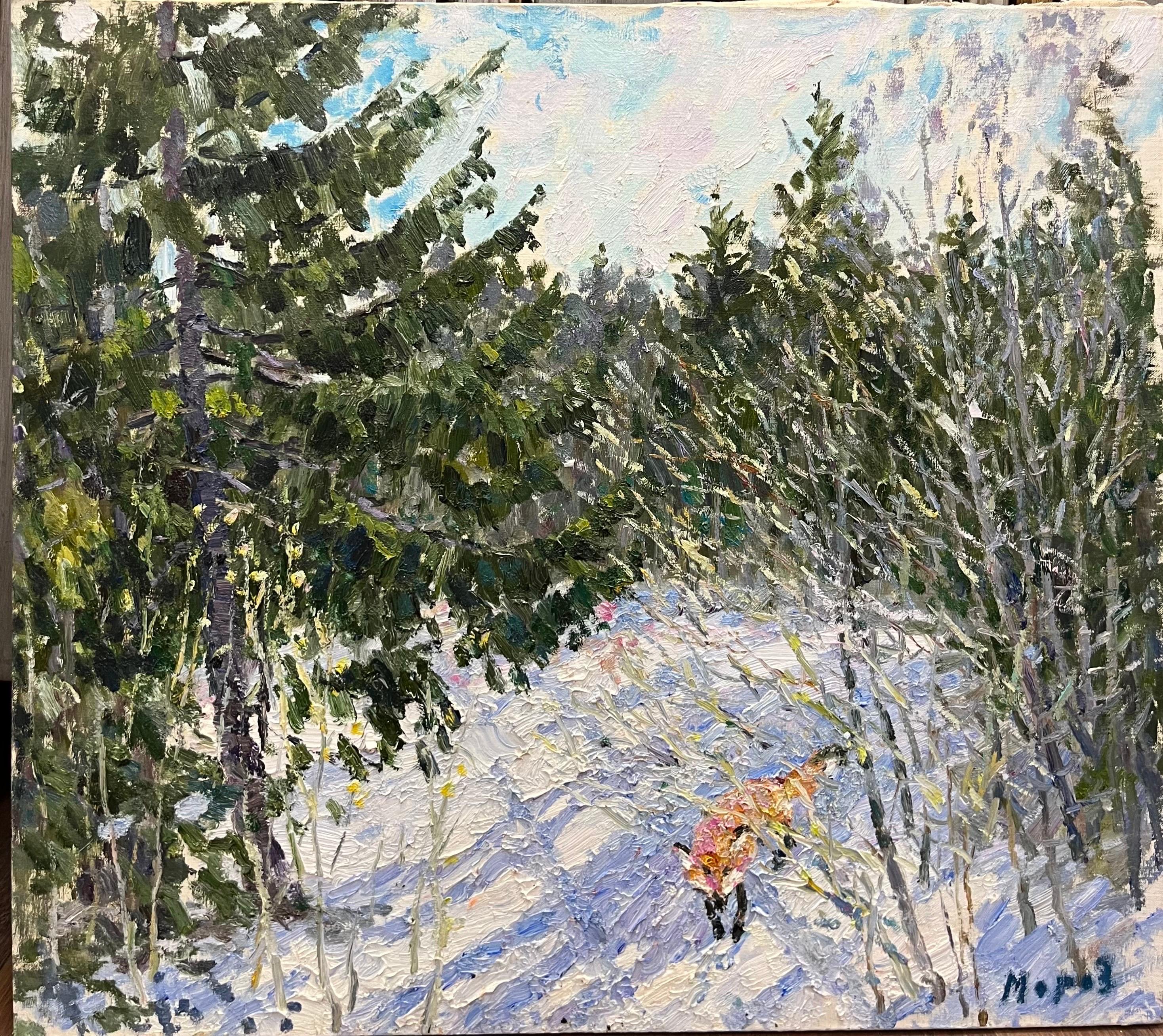 Landscape Painting Georgij Moroz - Volpe nella neve Olio cm 85 x 76