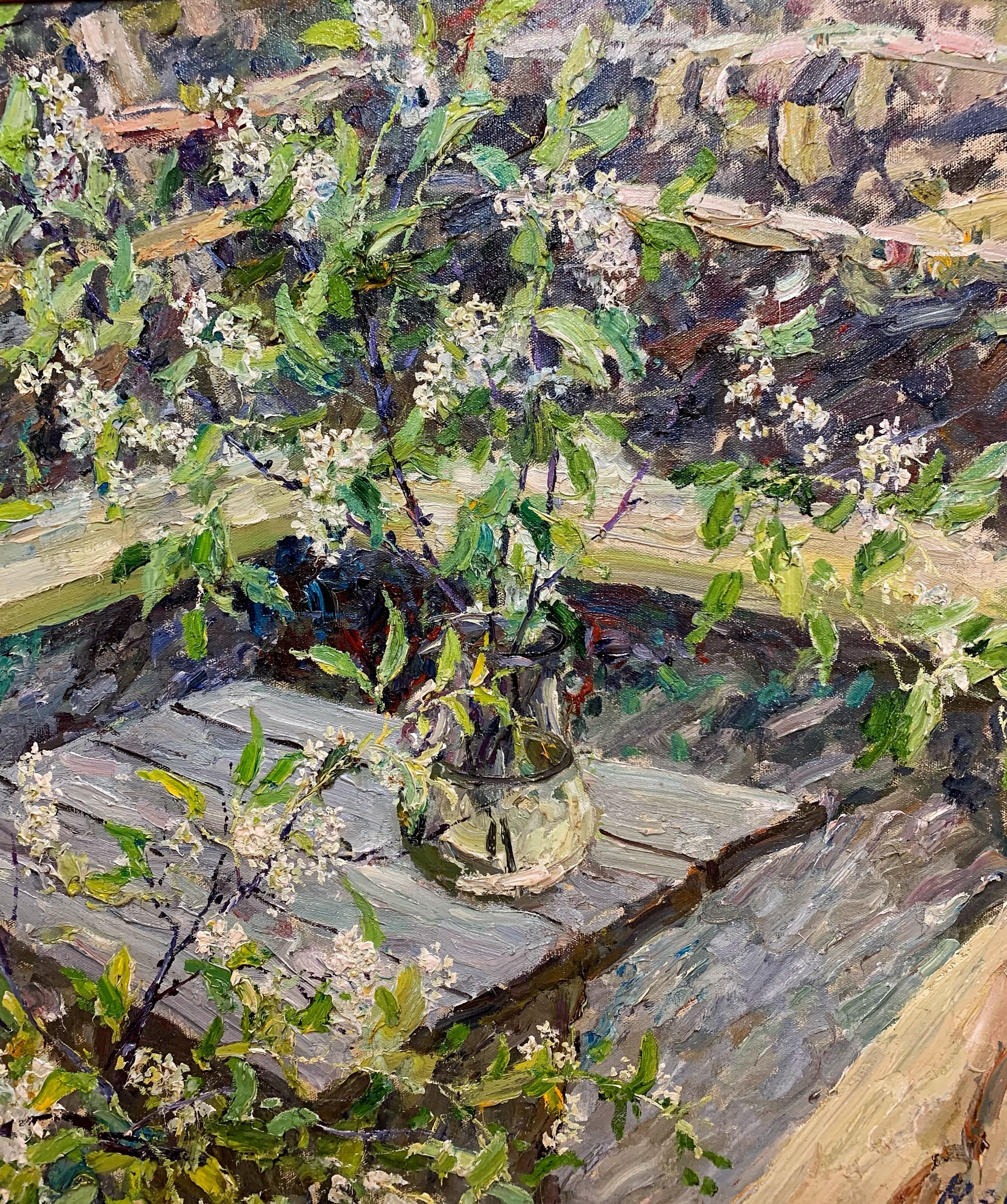 « Wild Cherry Blossom » Fleurs, Huile blanche, 115 x 95 cm  - Painting de Georgij Moroz