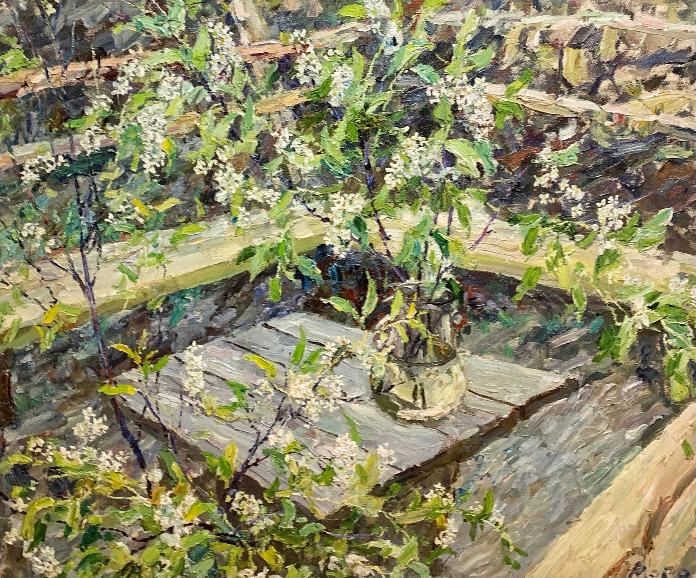 Figurative Painting Georgij Moroz - « Wild Cherry Blossom » Fleurs, Huile blanche, 115 x 95 cm 