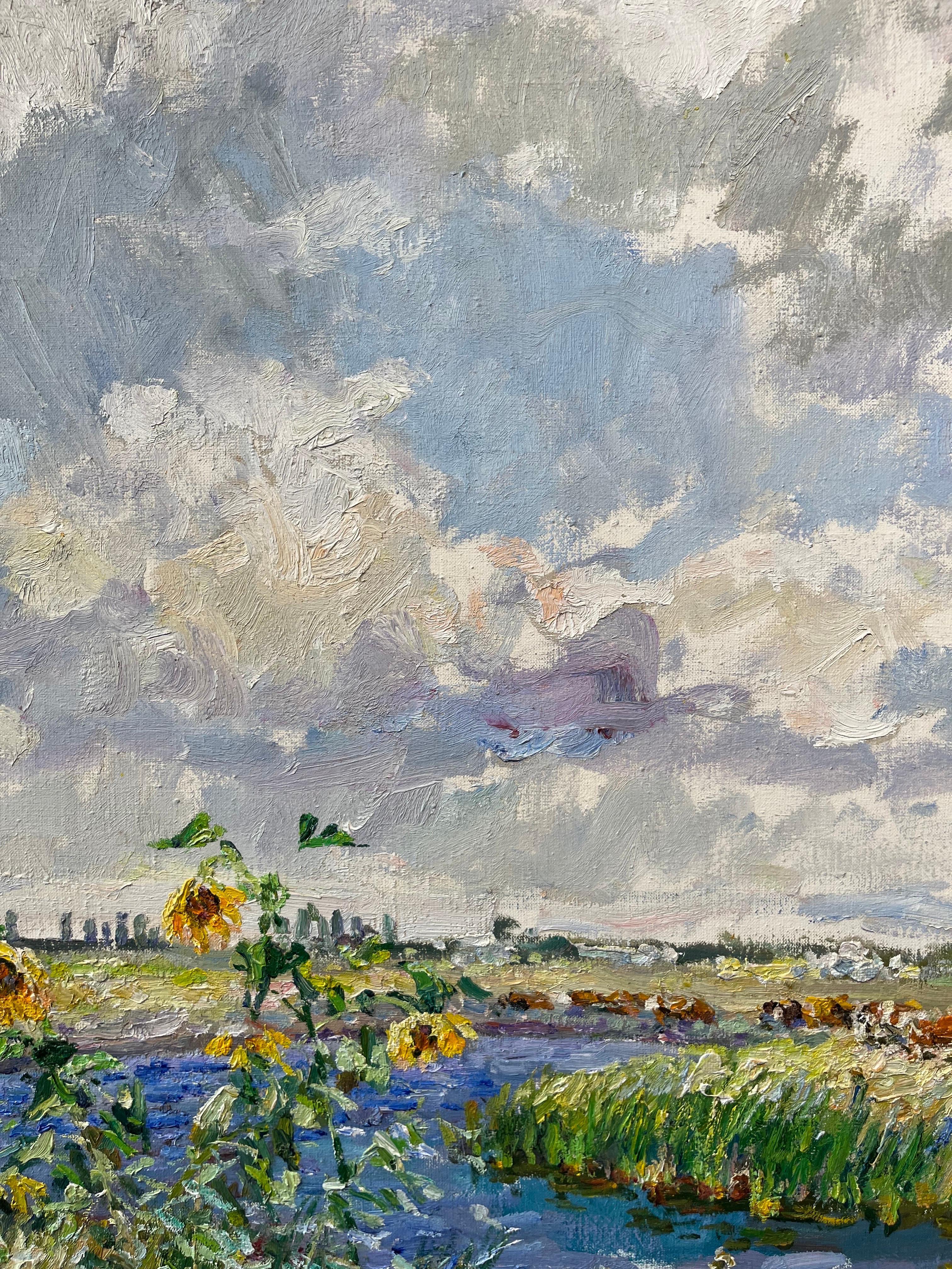 „windy summer day“ Ukraine, Fluss, Sonnenblumen, Sommer, Öl cm. 100 x 97 1998 – Painting von Georgij Moroz